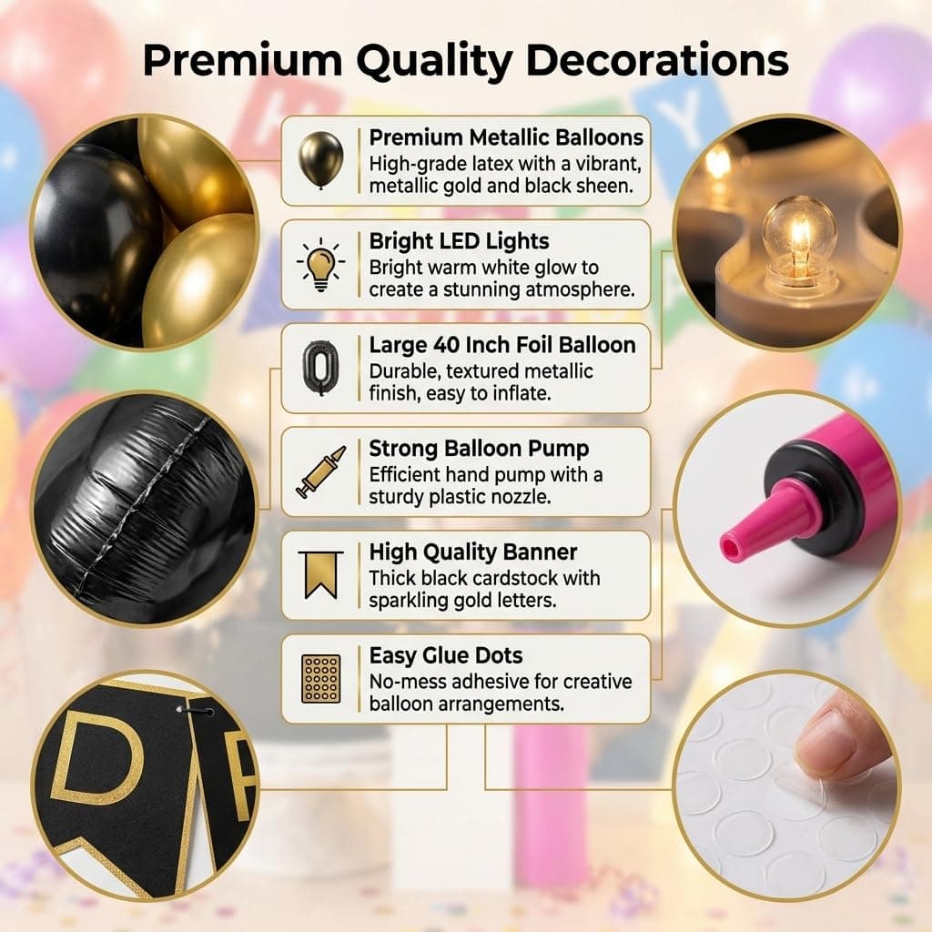 Balloonistics 50th Birthday Decoration Combo Kit - 40 Inch Black Foil Number Balloon, LED Marquee Light, 50 Black & Gold Balloons, Happy Birthday Banner, Balloon Pump & Glue Dots thumbnail 5