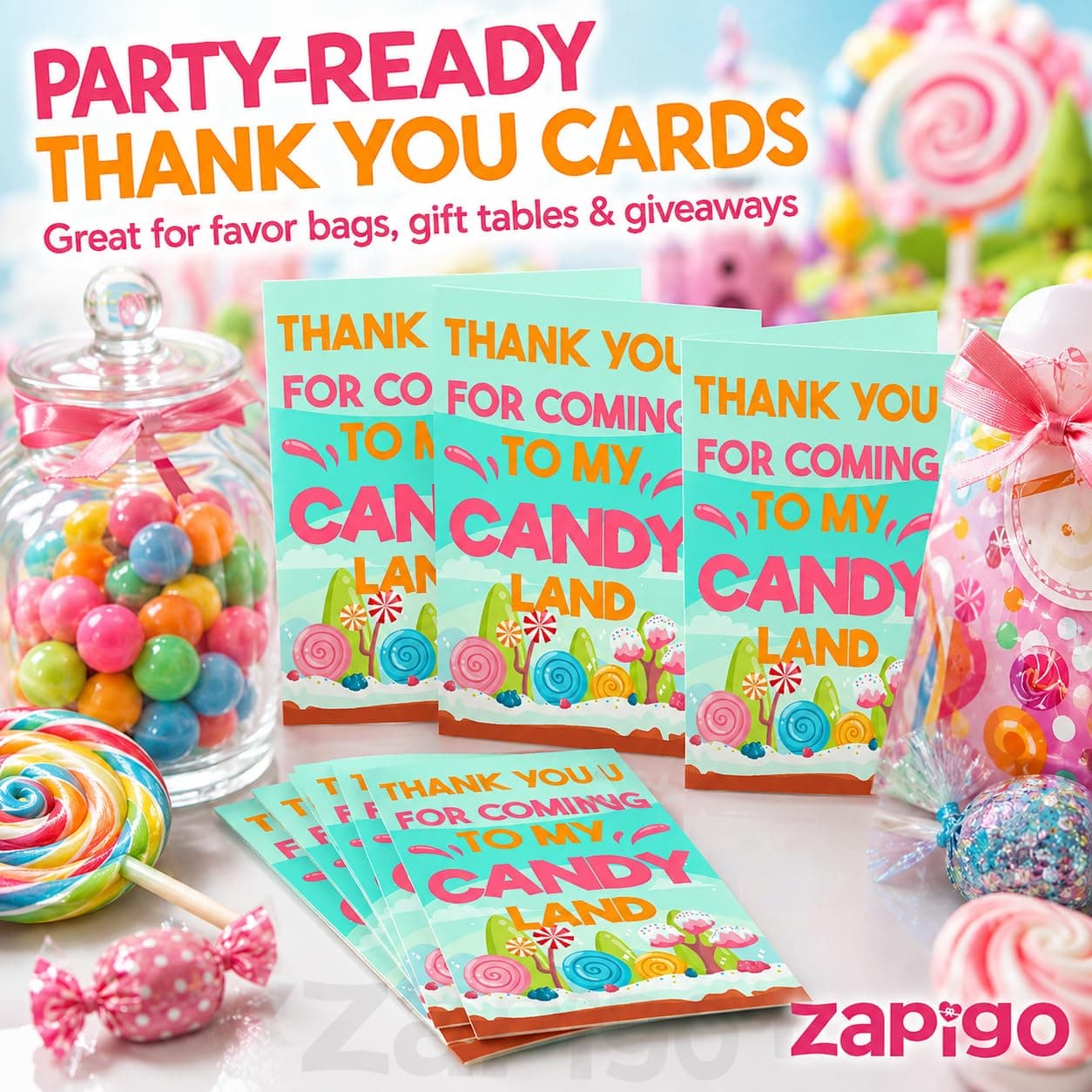 Balloonistics Candy Theme Birthday Thank You Cards - Pack of 20 Vibrant "Sweet Shop" Note Cards with Envelopes - Double-Sided Cardstock Fill-in Appreciation Cards, Candyland Party Favors (Thank you Cards - Pack of 20) thumbnail 7