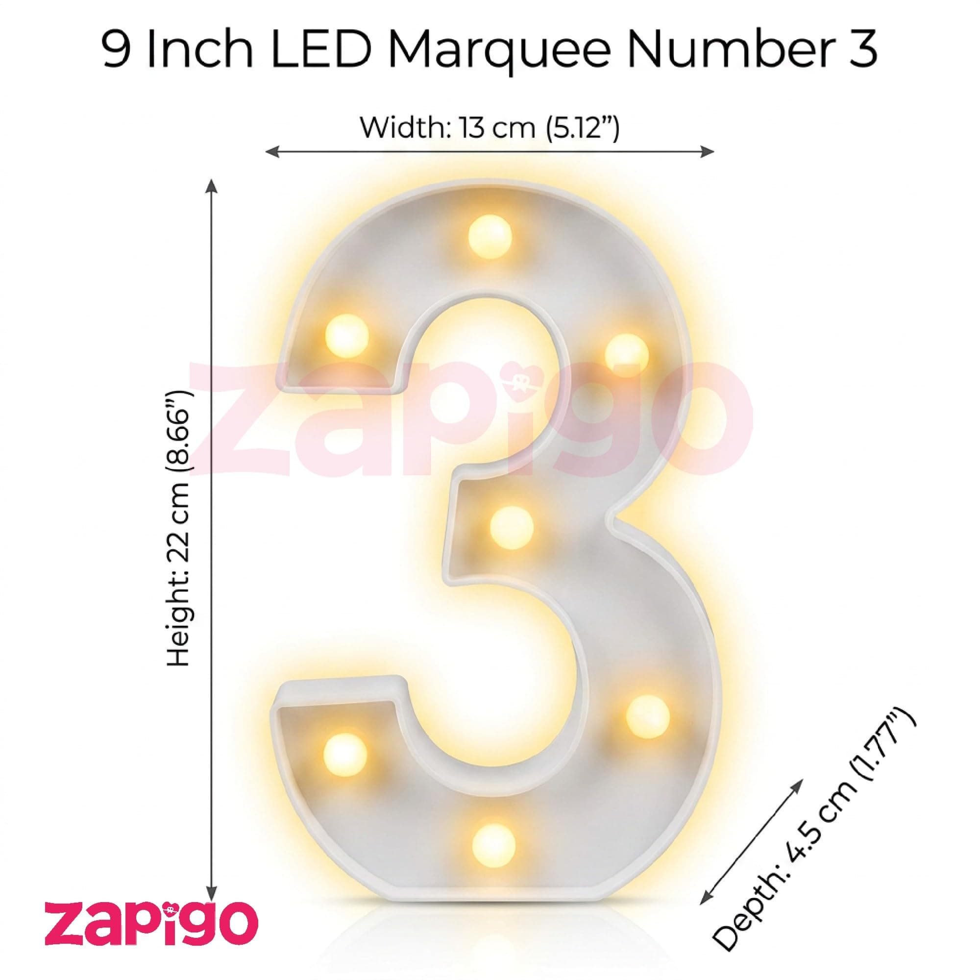 Balloonistics LED Marquee Number 3 Light - 9-Inch Cordless Battery-Operated Warm White Light Up Number Sign for 3rd Birthday, Anniversary, Wedding, Party Decoration, Photo Booth Backdrop thumbnail 2