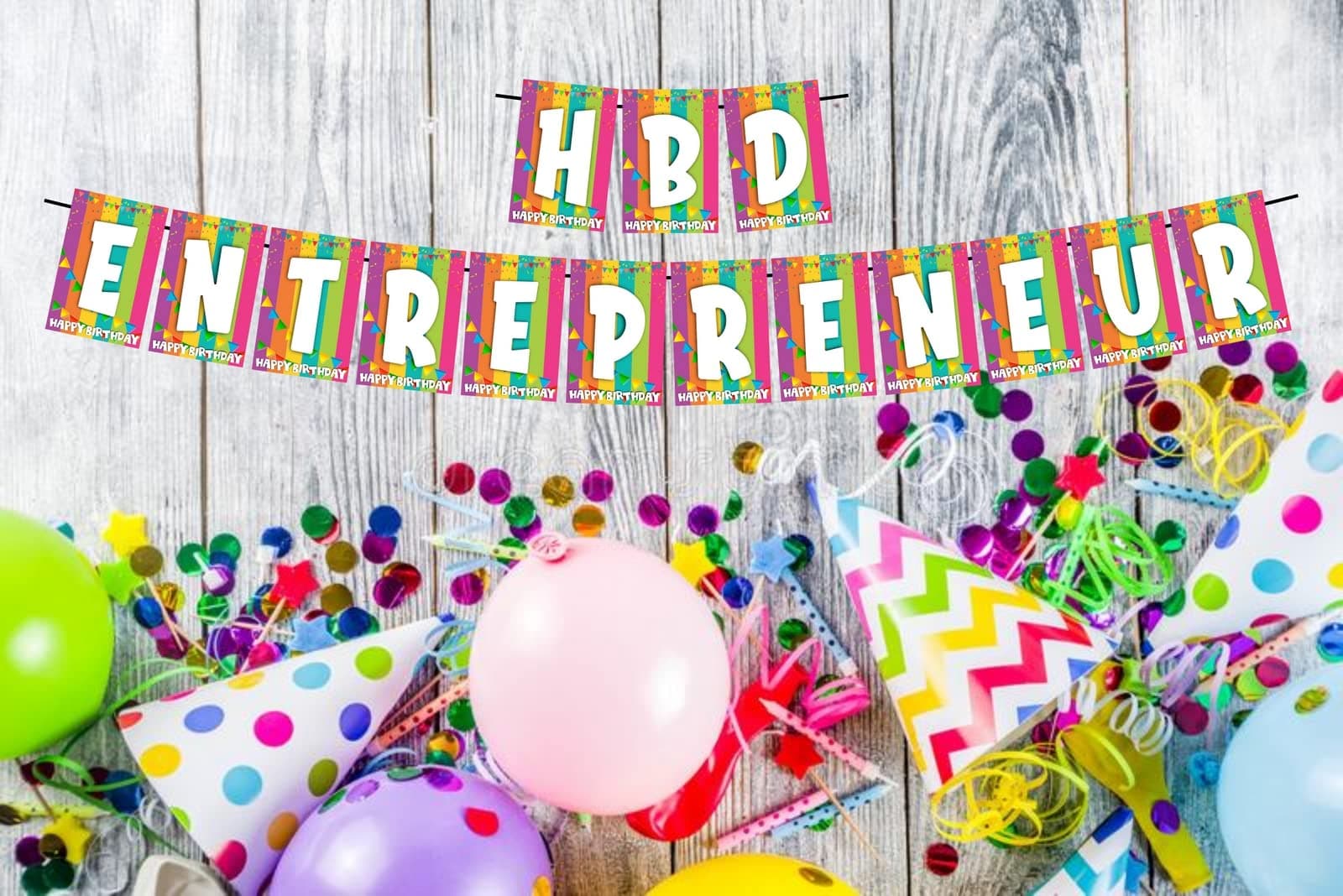 Balloonistics HBD Entrepreneur Happy Birthday Banner - Vibrant Rainbow & Bunting Cardstock Bunting - Business, Startup & CEO Theme Birthday Decorations, "Hustle & Celebrate" Backdrop thumbnail 2