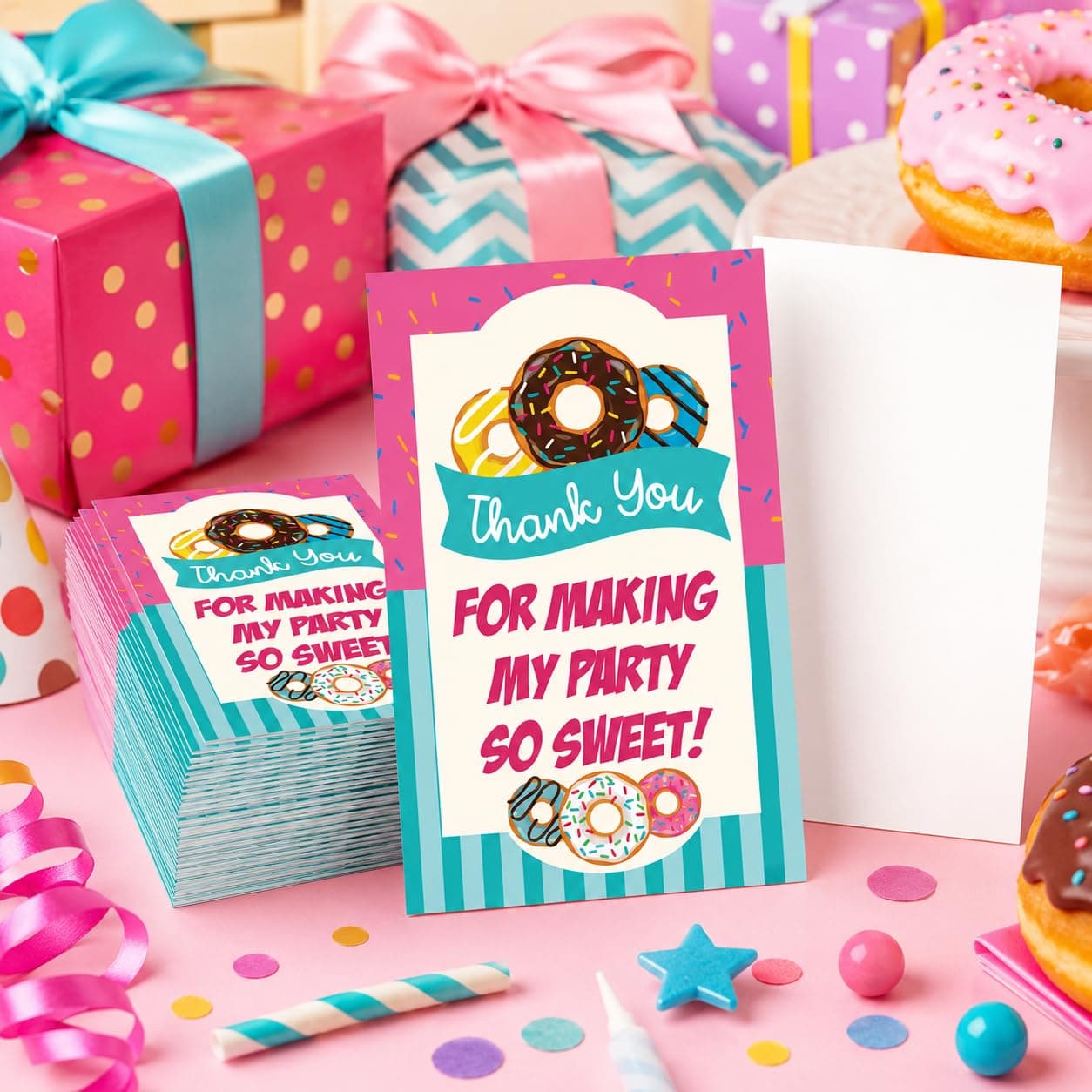 Balloonistics Donut Theme Thank You Cards - Pack of 20 Return Gift Tags for Kids' Birthdays - Premium Cardstock "Thanks a Hole Bunch" Notes for Donut Grow Up & Sweet One Party Favors (Thank you Cards - Pack of 20)