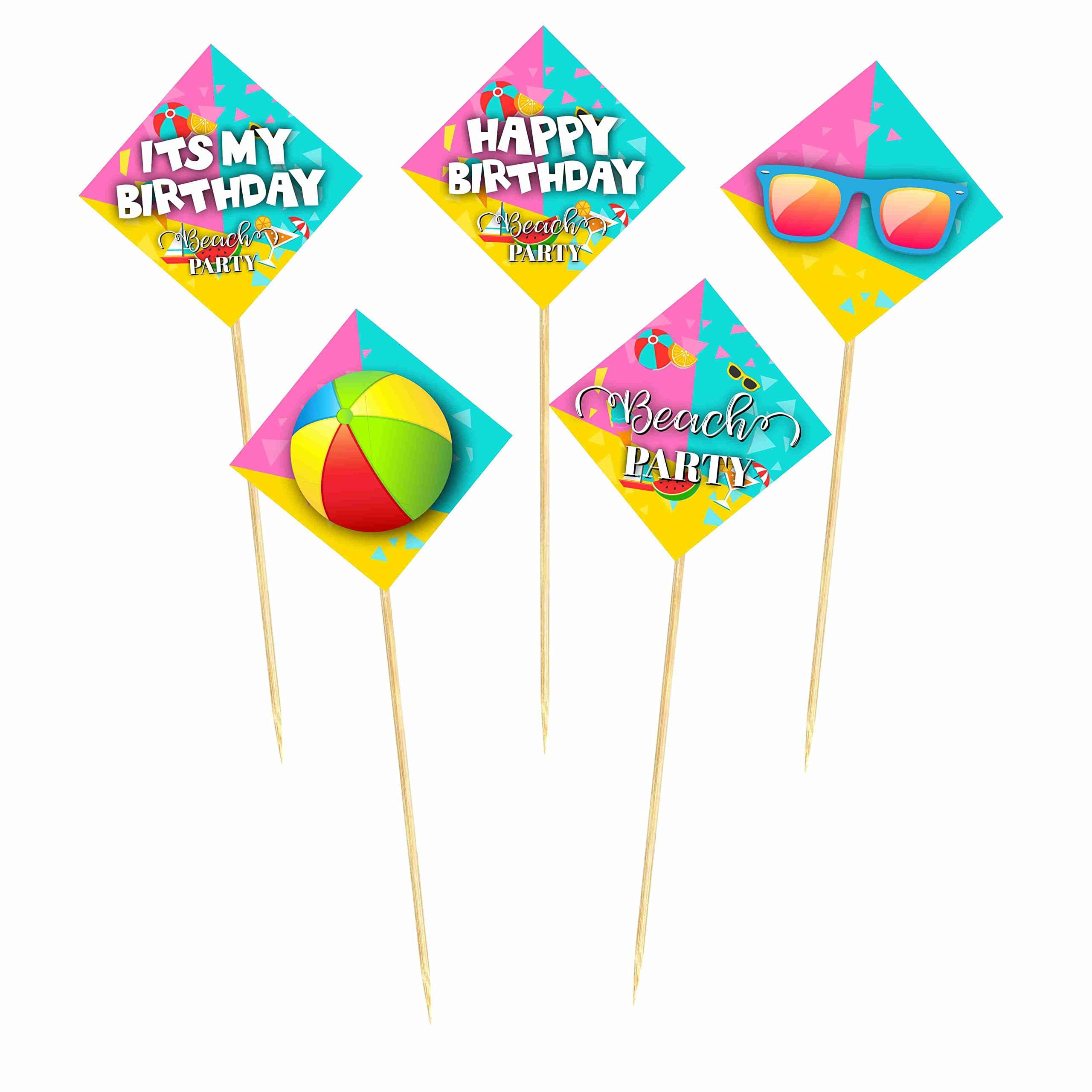 Balloonistics Beach Party Happy Birthday Cake Topper - Pack of 10 Tropical Summer Theme Cake Decorations - Premium Cardstock Sun, Surfboard & Palm Tree Picks with Bamboo Sticks - Double-Sided Pool Party & Luau Decor(Cake Topper - Pack of 10) thumbnail 2