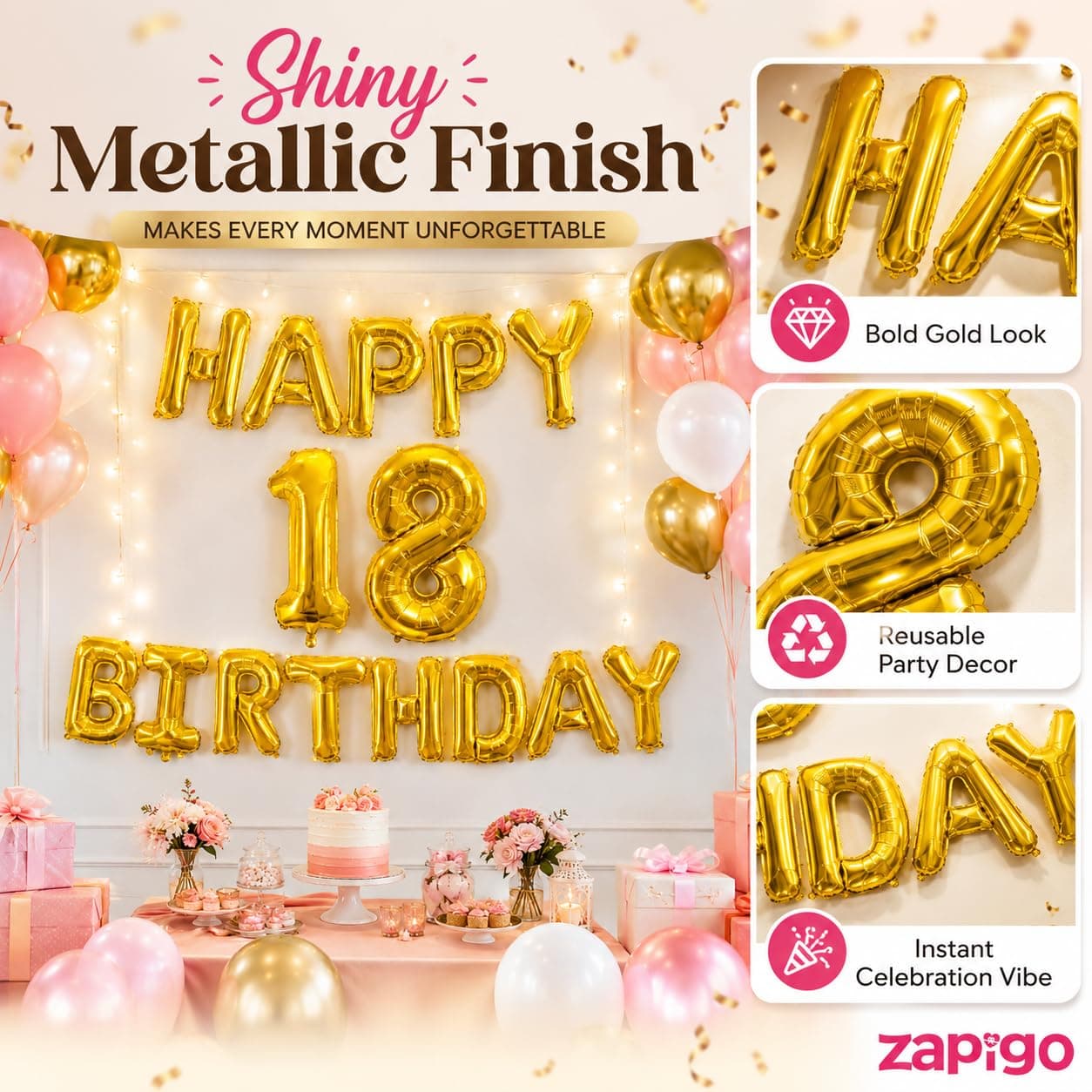 Balloonistics Happy Birthday Letter Golden Foil Balloons and Number Golden Foil Balloon for Party Decoration (Number 18) thumbnail 2