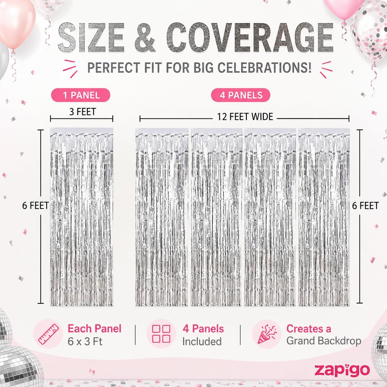 Balloonistics Silver Metallic Fringe Foil Curtain – Set of 4, 6x3 Ft Backdrop for Birthday, Baby Shower & Anniversary Decoration thumbnail 3