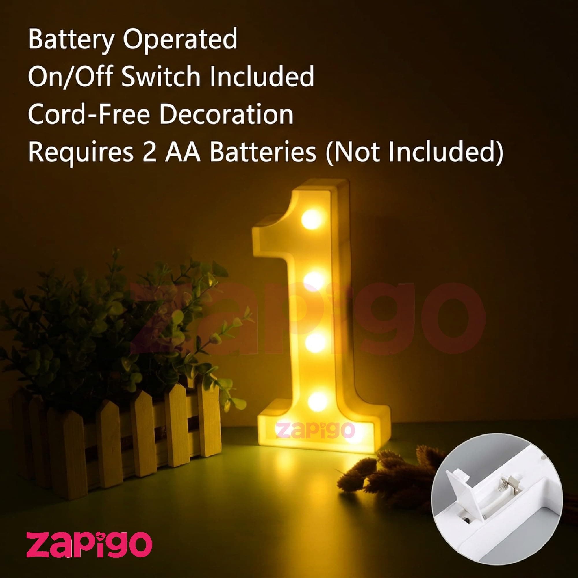 Balloonistics Warm White LED Marquee Number 1 Light - 9-Inch Cordless Battery-Operated Night Light - Standing Sign for First Birthday, Anniversary, Wedding & Home Decor (Number 1) thumbnail 4