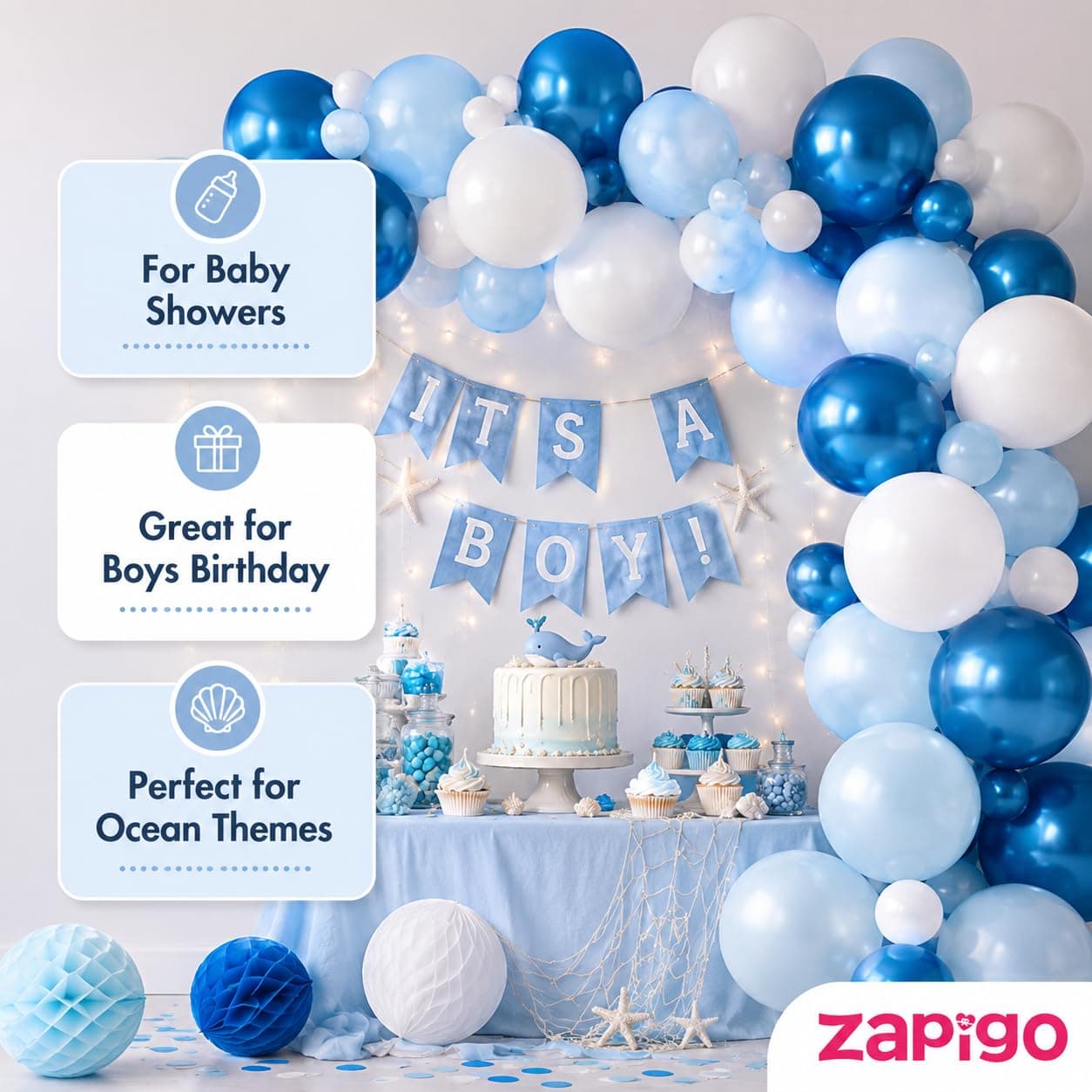 Balloonistics 50-Pack Metallic HD Dark Blue, Light Blue & White Latex Balloons – Shiny 3-Colour Combo for Baby Shower, Boys Birthday, Ocean Theme & Party Decoration thumbnail 2