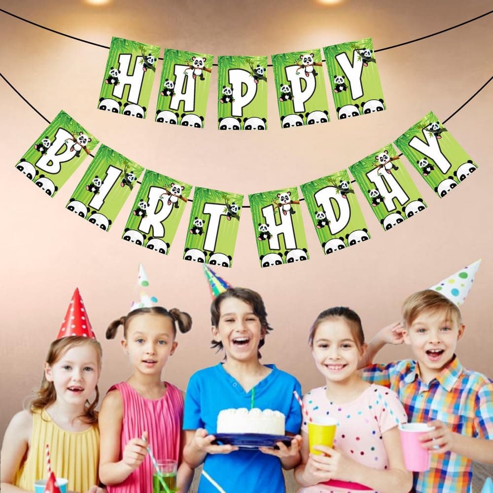 Panda Theme Happy Birthday Banner - Cute Panda Bear & Bamboo Jungle Cardstock Bunting - Wild One, Zoo & Safari Party Decorations for Boys & Girls - Includes Ribbon (Happy Birthday Banner) thumbnail 3