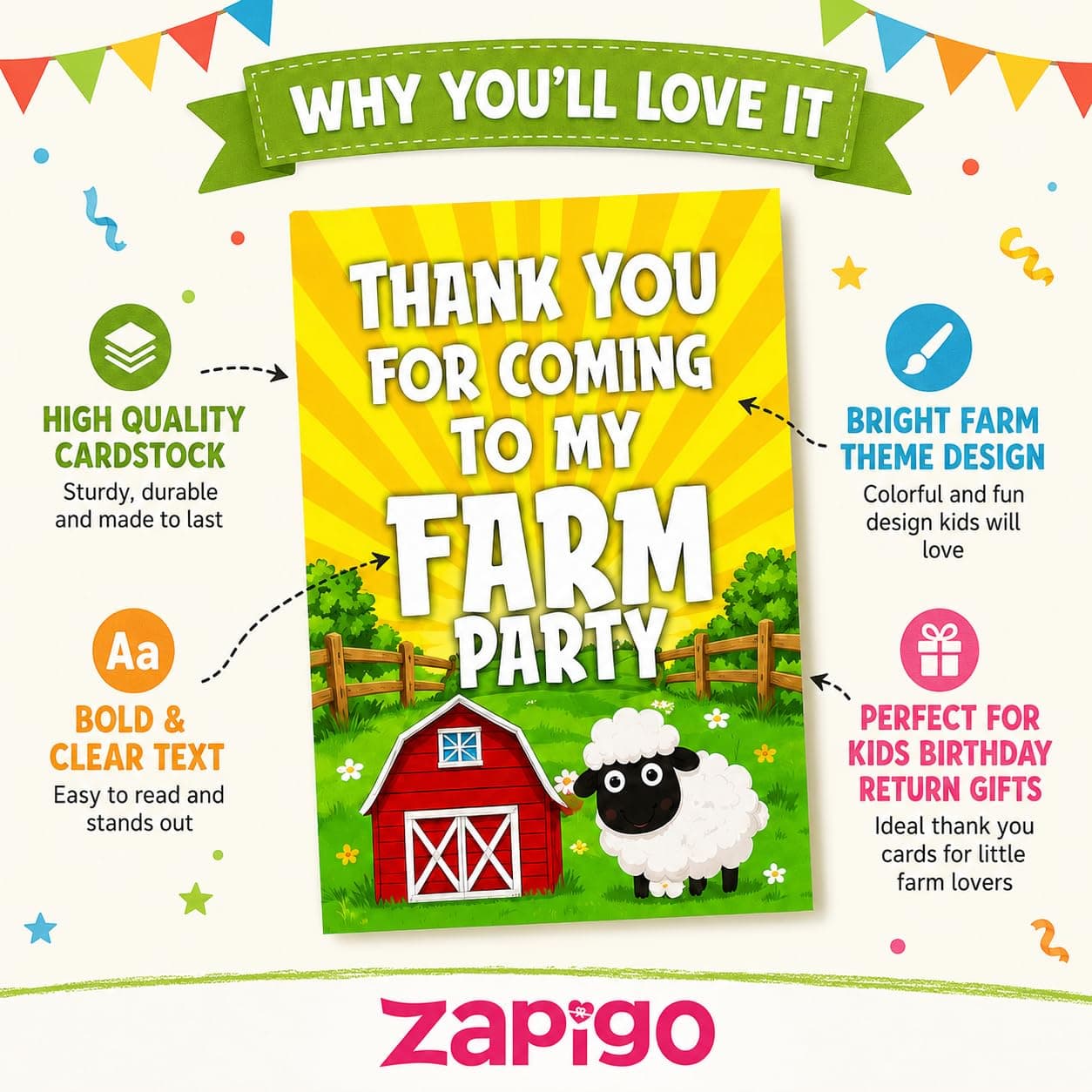 Balloonistics Farm Theme Thank You Cards - Pack of 20 Barnyard Party Note Cards - Premium Cardstock "Thanks for Mooving by My Birthday" Stationery, Rustic Red Tractor & Cow Gratitude Cards (Thank you Cards - Pack of 20) thumbnail 5