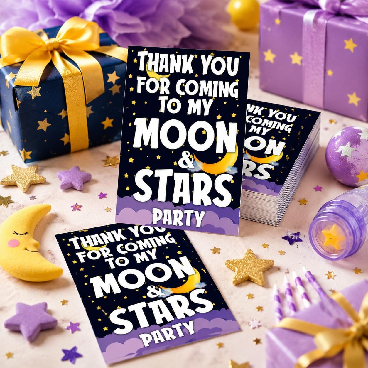 Balloonistics Moon and Stars Theme Birthday Thank You Cards - Pack of 20 Premium Cardstock Notes for Return Gifts - "Twinkle Twinkle Little Star" & Celestial Party Supplies, Double-Sided Favors Appreciation Tags (Thank you Cards - Pack of 20)
