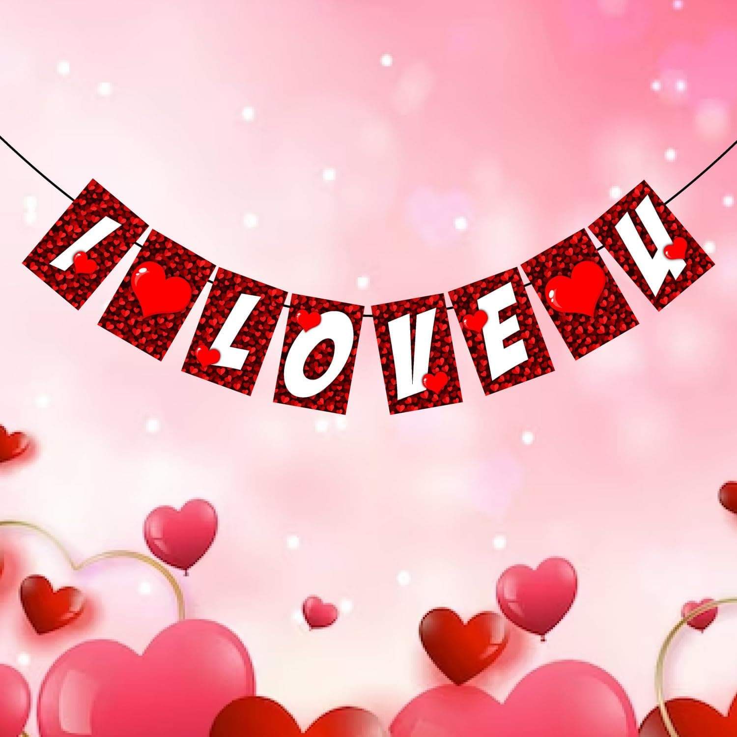 Balloonistics I Love U Banner - Red Glitter Heart Cardstock Bunting - Romantic Anniversary, Proposal & Valentine’s Day Decorations, "I Love You" Love-Themed Backdrop thumbnail 1