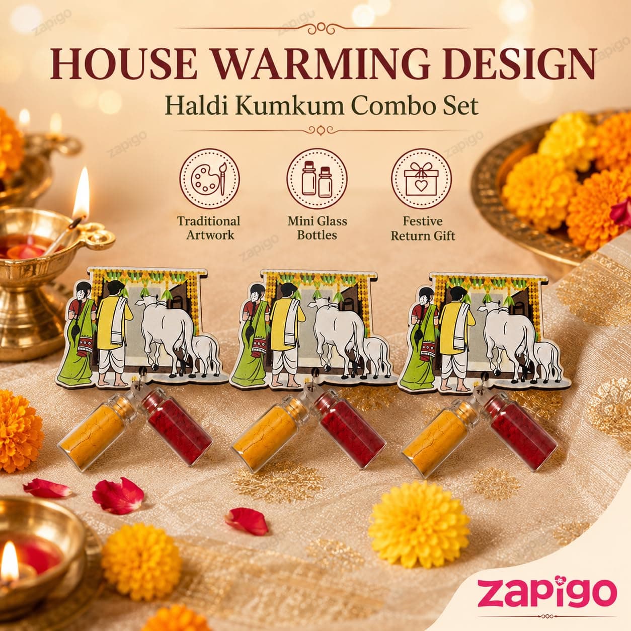 Habba House Warming Haldi Kumkum Set for Guests, Printed Cut-Out with Mini Dome Glass Bottles of Haldi & Kumkum, Traditional Griha Pravesh Pooja Return Gift (Gruhapravesam / Vaastu), Pack of 5 thumbnail 2