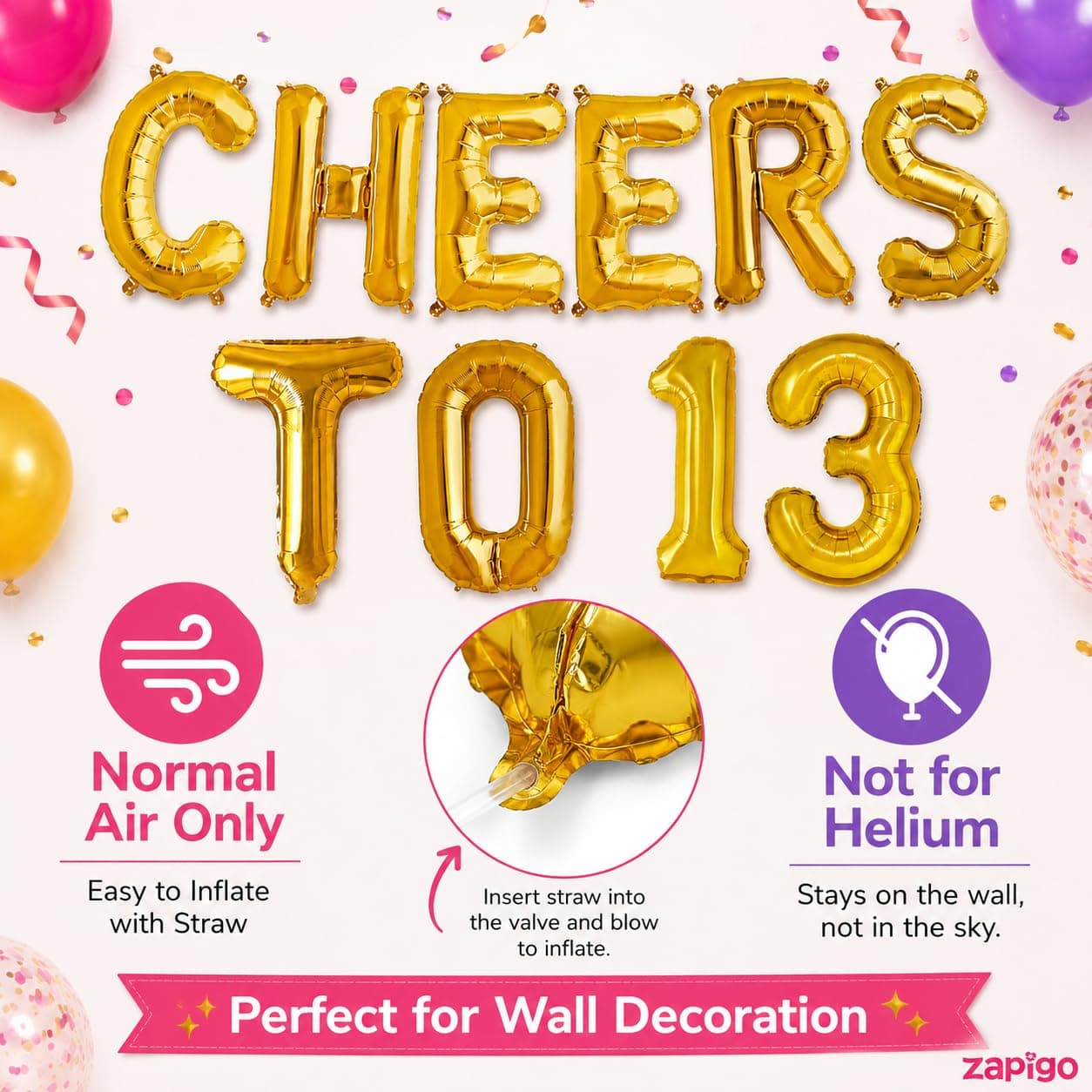 Balloonistics Cheers to 13 Foil Balloon Combo | Number 13 Balloons with Gold Text | 13th Birthday, Teen Party & Anniversary Decoration thumbnail 7