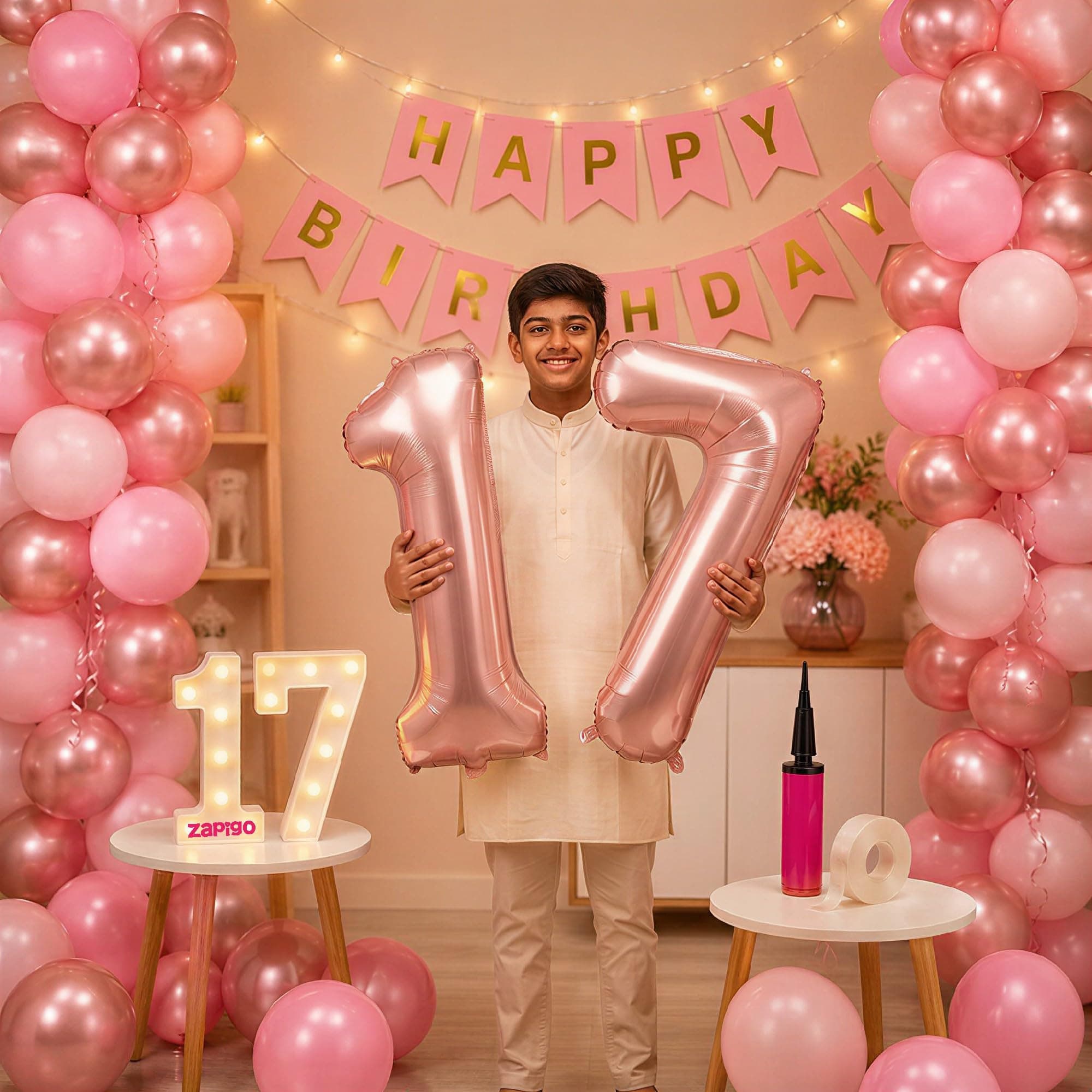Balloonistics 17th Birthday Decoration Combo Kit - 40 Inch Rose Gold Foil Number Balloon, LED Marquee Light, 50 Rose Gold & Pink Balloons, Happy Birthday Banner, Balloon Pump & Glue Dots thumbnail 1