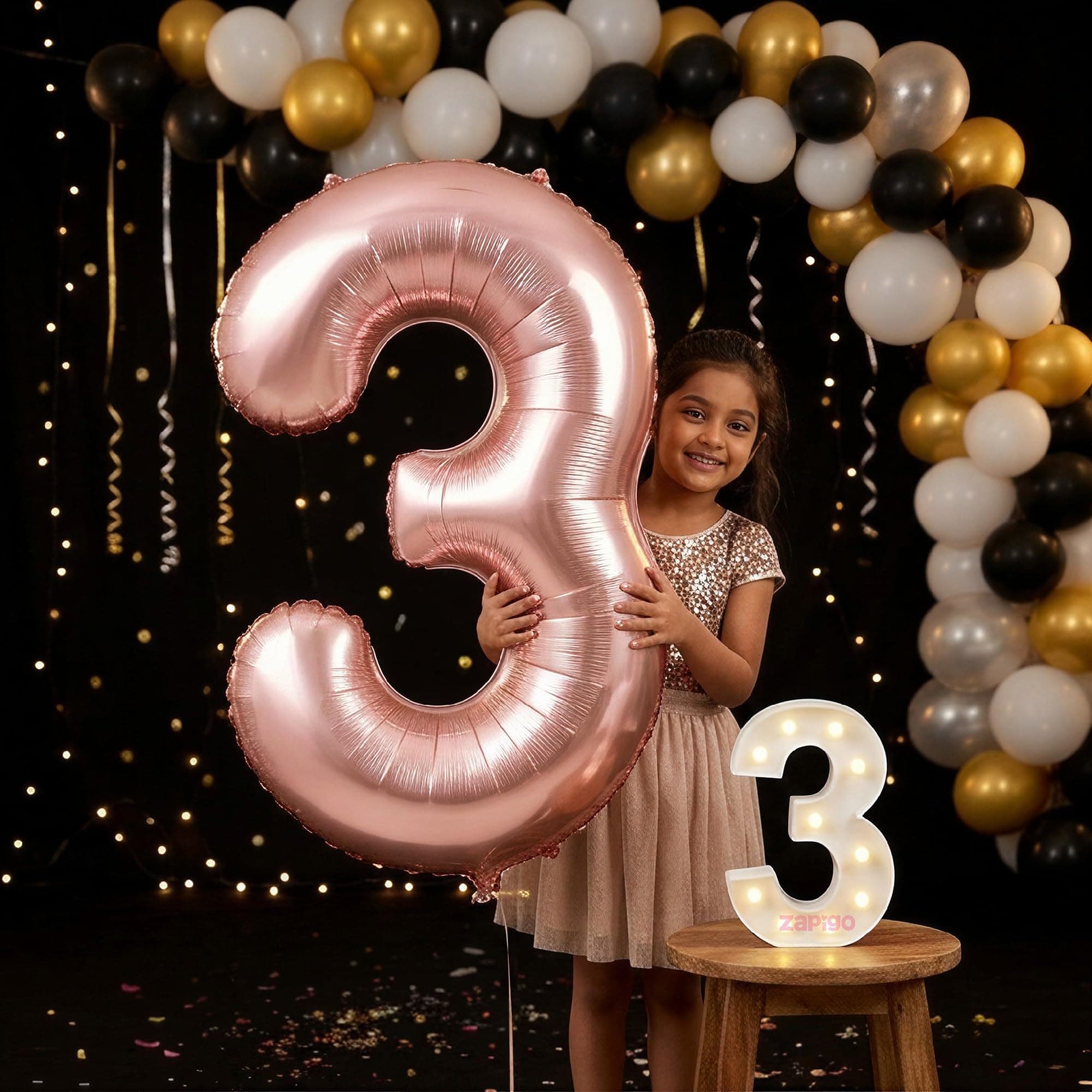 Balloonistics Rose Gold 40-Inch Foil Number 3 Balloon with Matching LED Marquee Light - Combo Set for 3rd Birthday, Anniversary, Party Decoration, Photo Booth Backdrop, Cake Table Decor thumbnail 1