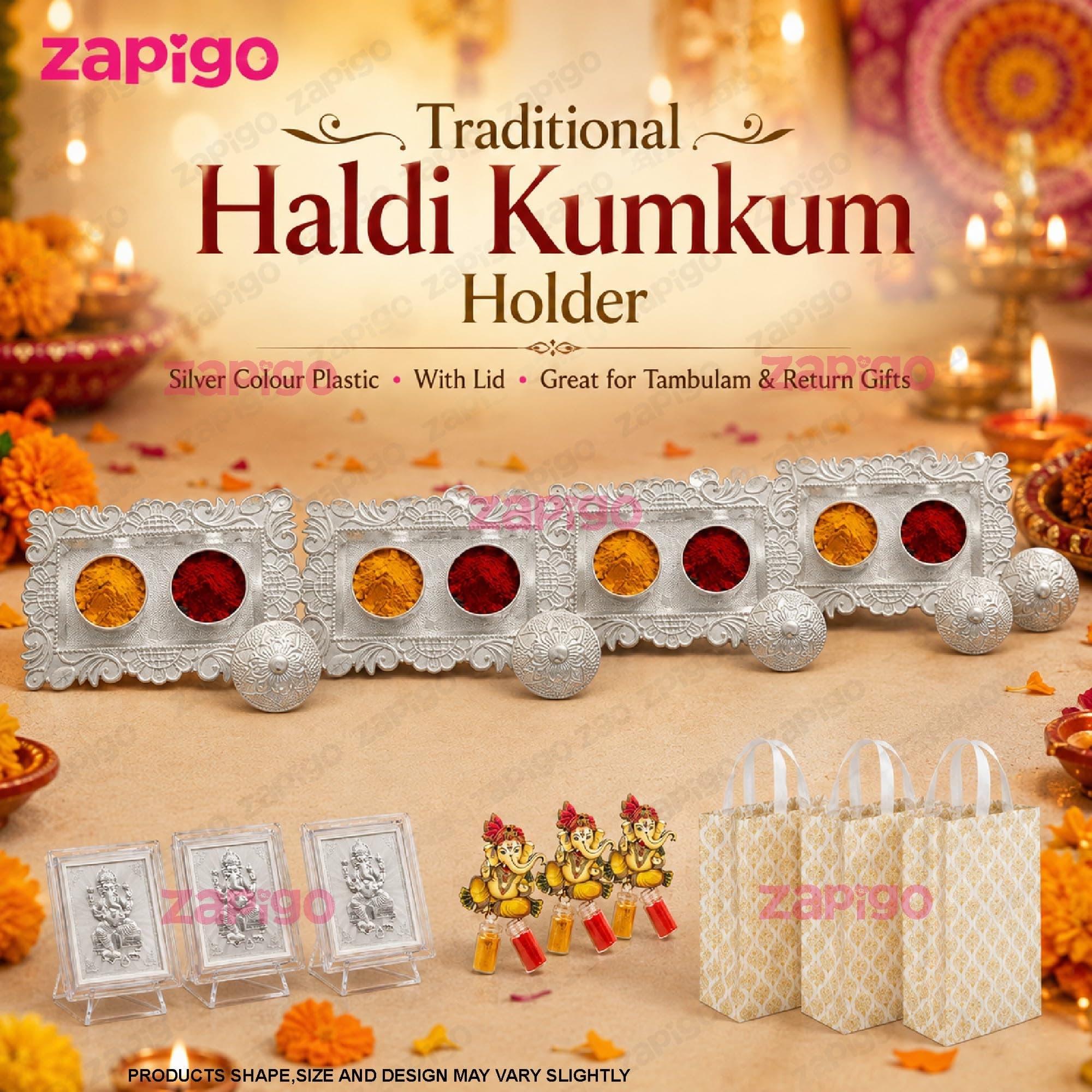 Habba Ganesha Frame Pooja Return Gift Combo for Women, Ganesha Kumkum, Kumkum Set, Carry Bag, Traditional Haldi Kumkum Tambulam Hamper for Ganesh Chaturthi, Weddings, Festivals, Pack of 5 thumbnail 8