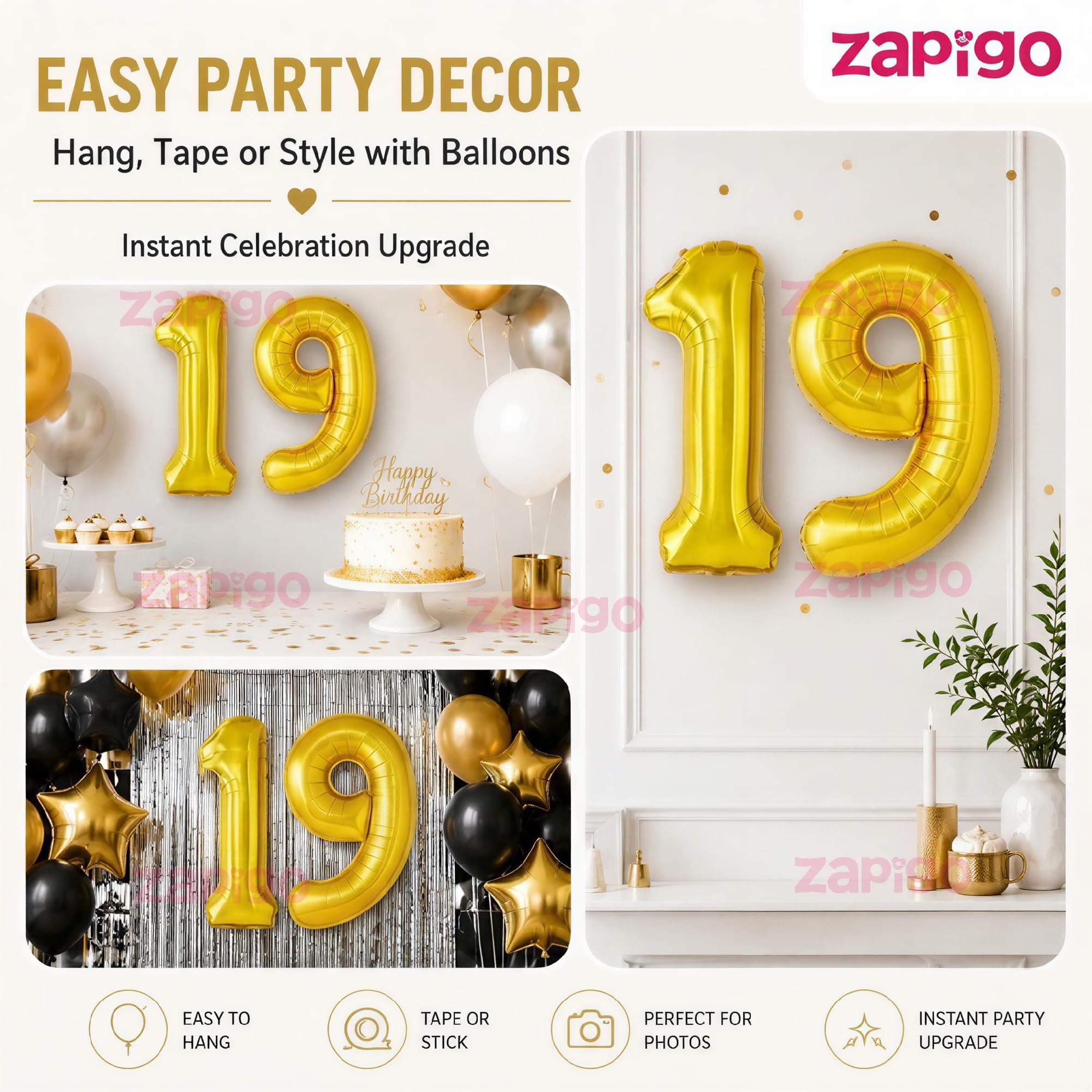 Balloonistics Number 19 Gold Foil Balloon – 17-Inch Metallic '19' Balloon Pack of 2 for 19th Birthday & Last-of-Teens Party Decoration thumbnail 7
