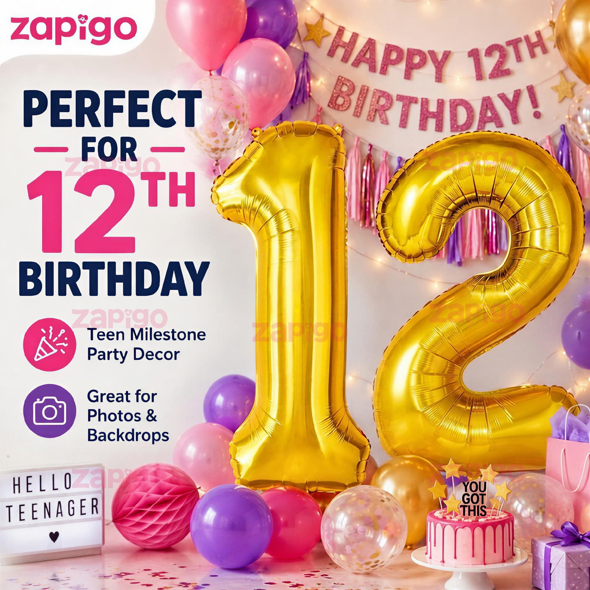 Balloonistics Number 12 Gold Foil Balloon – 17-Inch Metallic Gold “12” Balloon for 12th Birthday & Kids Party Decorations (Gold, Pack of 2) thumbnail 4