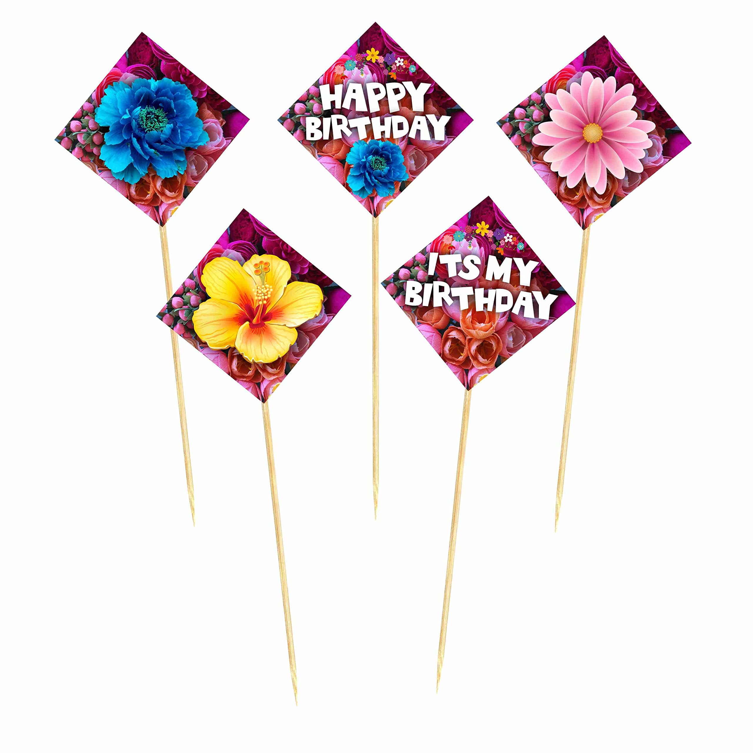 Balloonistics Floral Theme Happy Birthday Cake Toppers (Pack of 10) - Botanical Flower & Leaf Cake Decorations - Premium Cardstock Dessert Picks with Bamboo Sticks for Girls' Birthdays (Cake Topper - Pack of 10) thumbnail 2