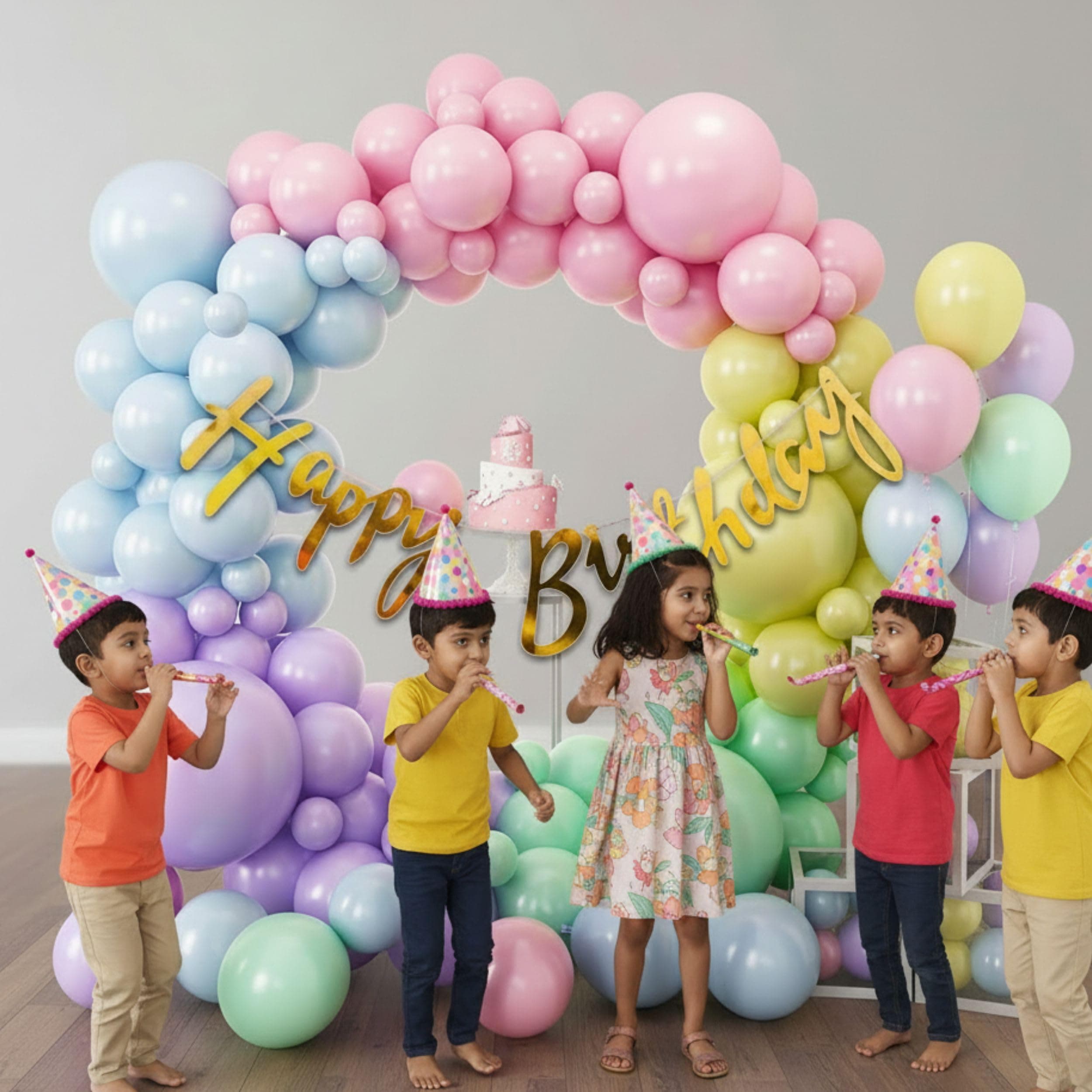 Balloonistics 54 Pcs Multicolour Pastel Balloon Garland Kit for Kids – Includes Hand Pump, Golden Happy Birthday Banner & Arch Strip thumbnail 4