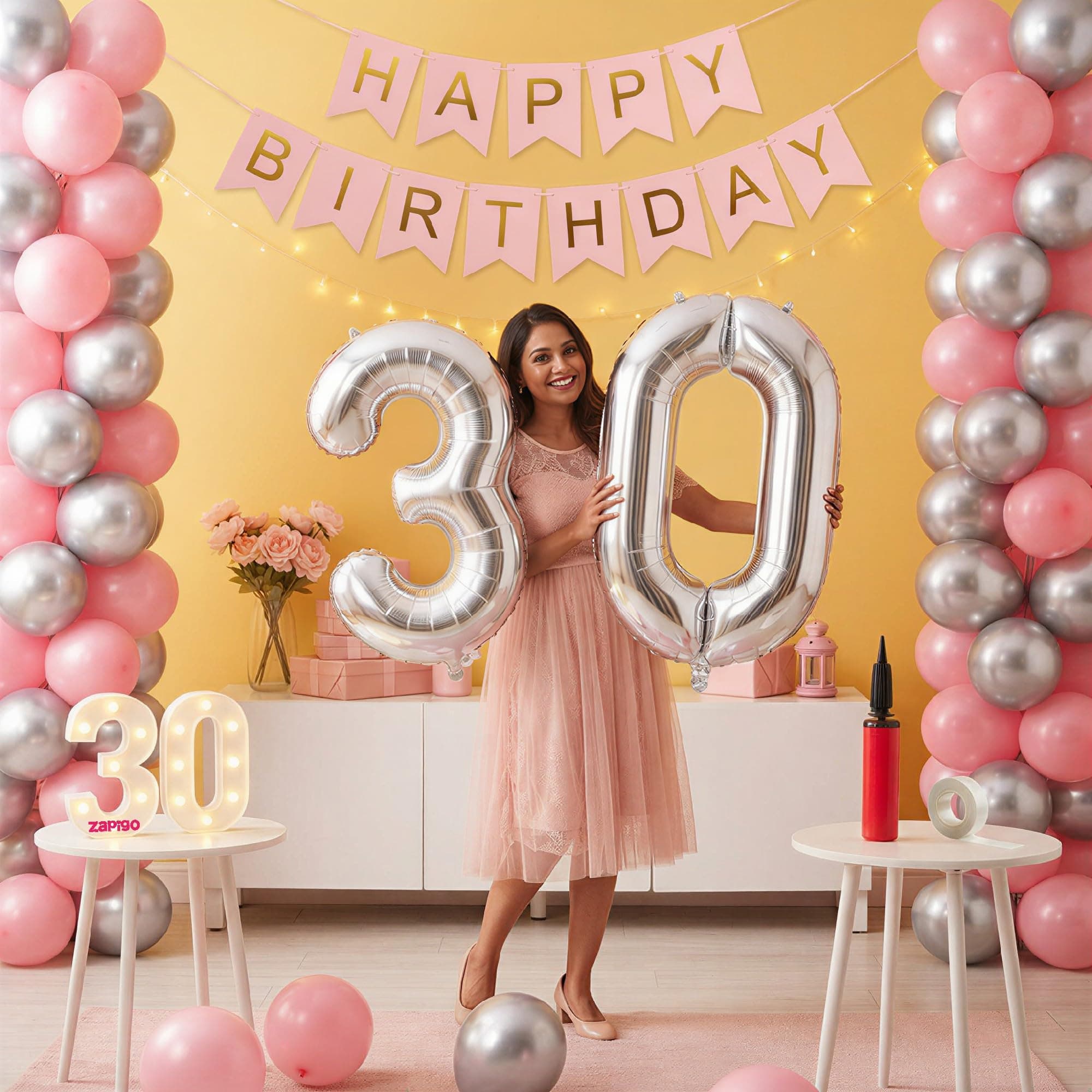 Balloonistics 30th Birthday Decoration Combo Kit - 40 Inch Silver Foil Number Balloon, LED Marquee Light, 50 Silver & Pink Balloons, Happy Birthday Banner, Balloon Pump & Glue Dots