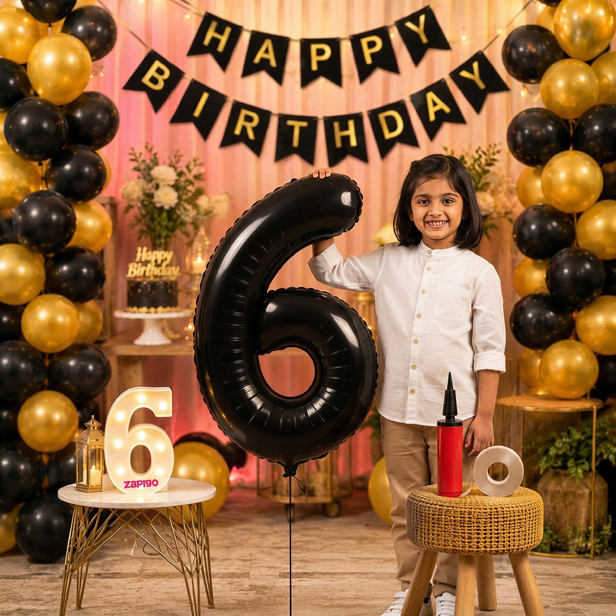 Balloonistics 6th Birthday Decoration Combo Kit - 40 Inch Black Foil Number Balloon, LED Marquee Light, 50 Black & Gold Balloons, Happy Birthday Banner, Balloon Pump & Glue Dots thumbnail 1