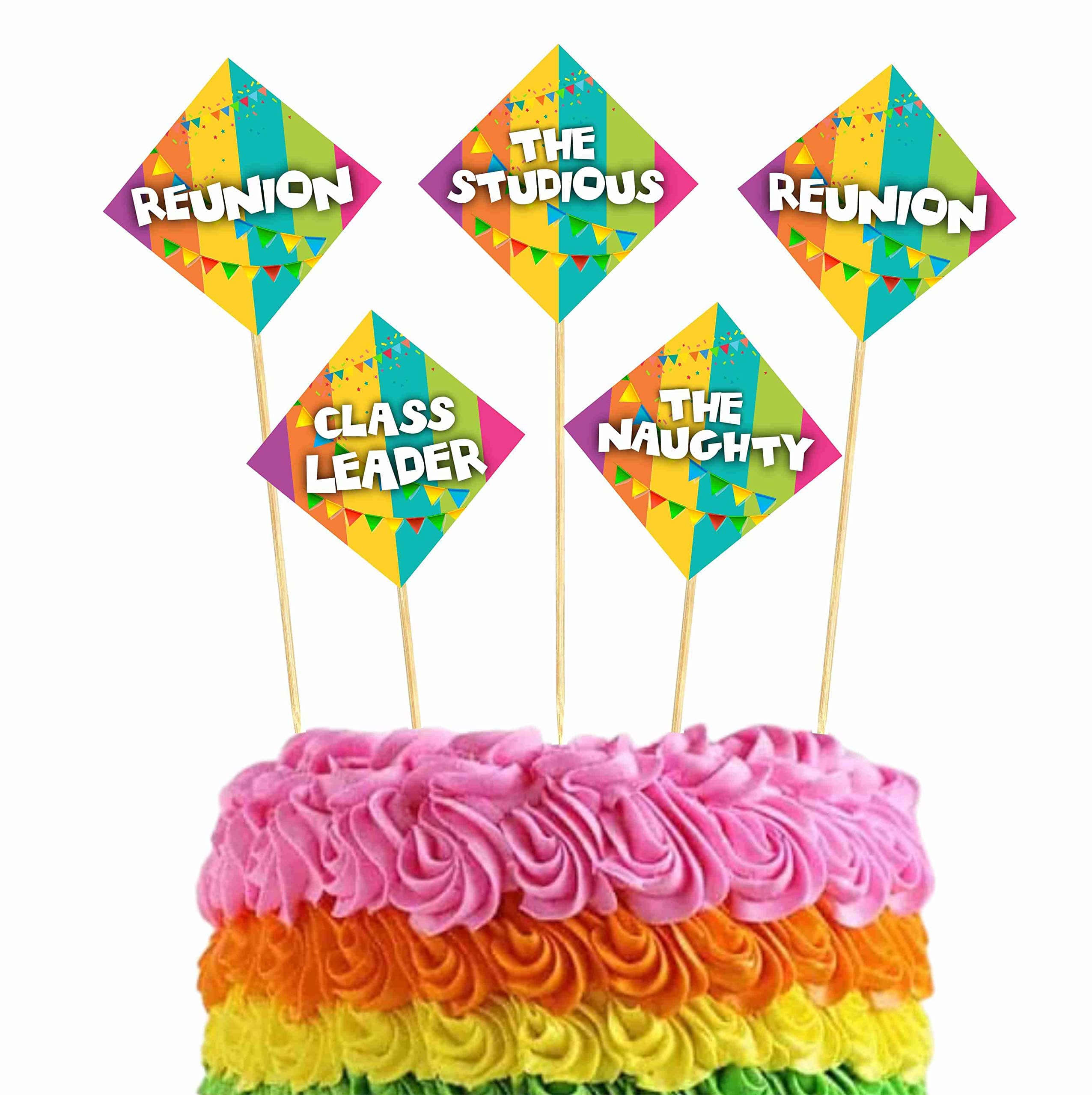 Balloonistics Reunion Theme Happy Birthday & Gathering Cake Topper - Pack of 10 Premium Cardstock Decorations - Family Reunion, School Class & Friends Get-Together Party Supplies - Includes Sturdy Bamboo Sticks, "Memories & Milestones" Cake Backdrop (Cake Topper - Pack of 10)