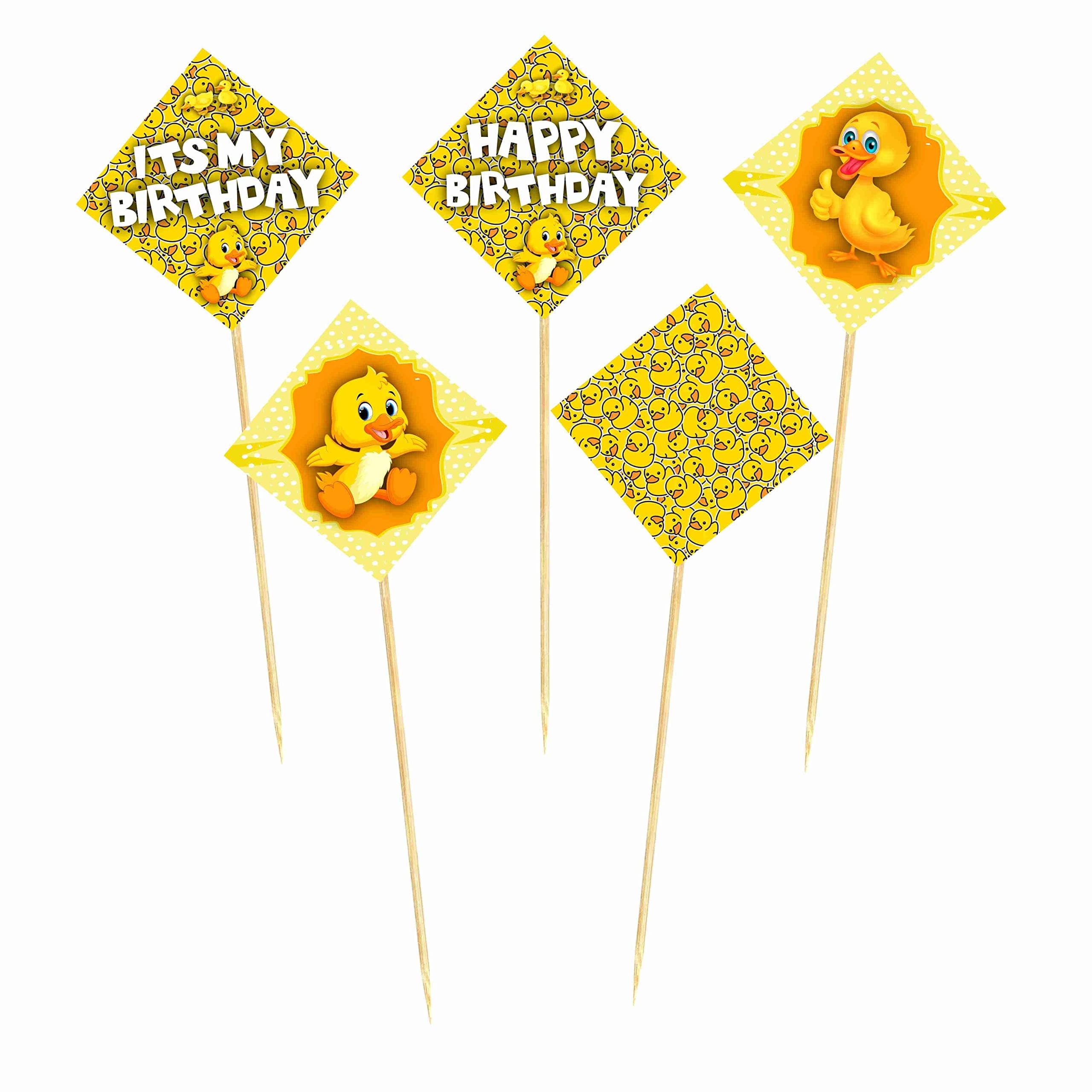 Balloonistics Duck Theme Happy Birthday Cake Toppers - Pack of 10 Rubber Ducky Birthday Decorations - Premium Cardstock Double-Sided Yellow Ducky & Bubble Picks thumbnail 2