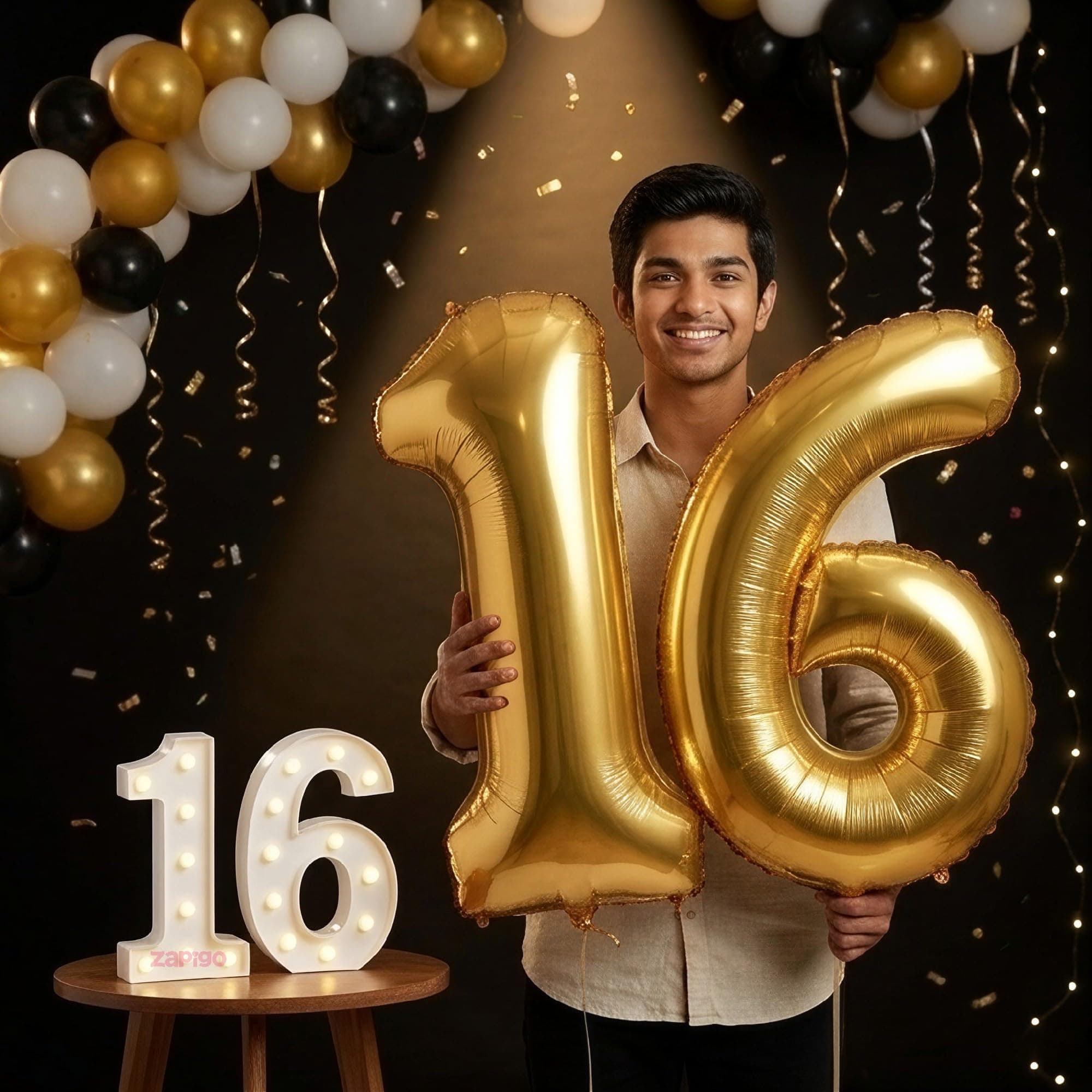 Balloonistics Gold 40-Inch Foil Number 16 Balloon with Matching LED Marquee Light - Combo Set for 16th Birthday, Anniversary, Party Decoration, Photo Booth Backdrop thumbnail 1