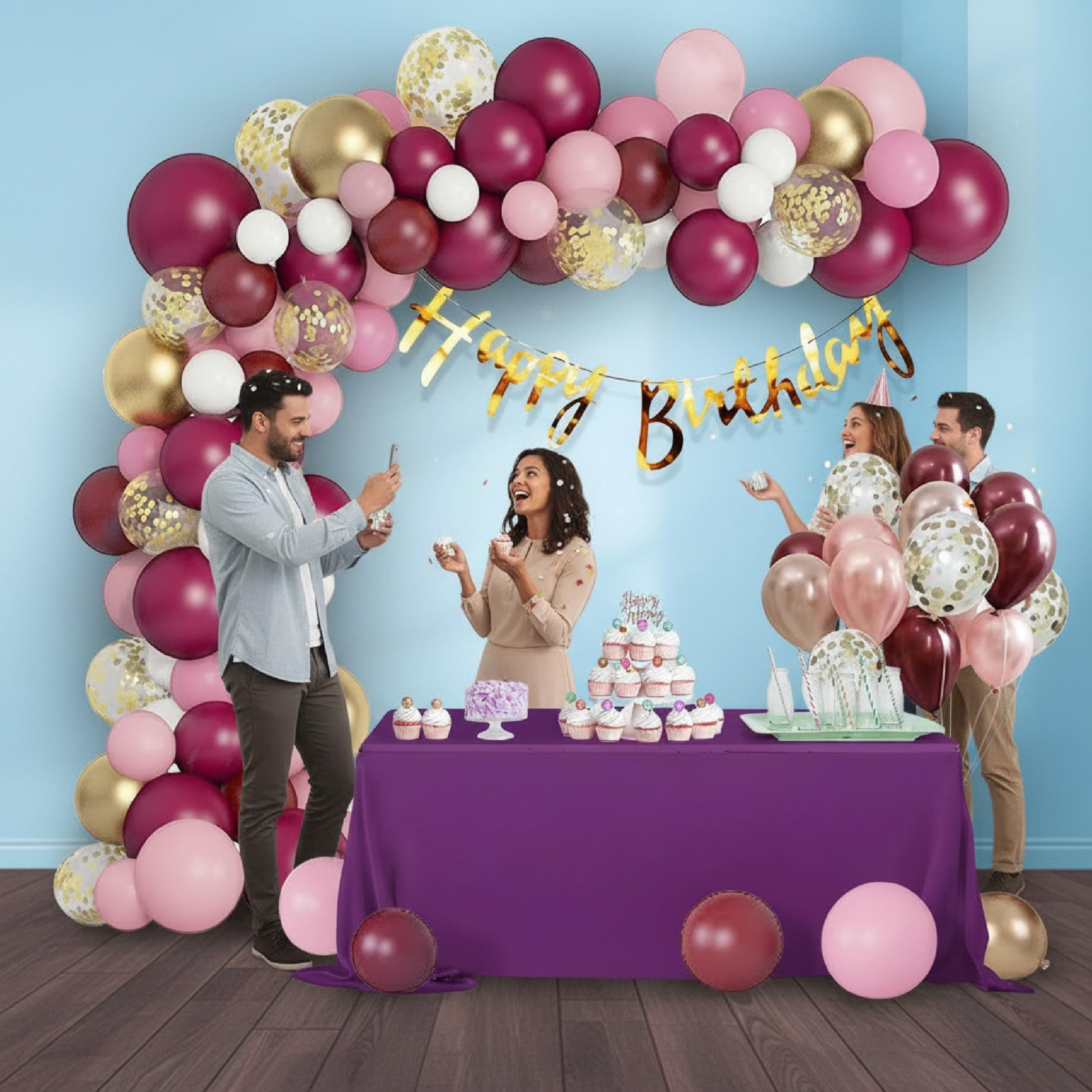 Balloonistics 63 Pcs Burgundy & Pink Birthday Decoration Kit for Women – Happy Birthday Banner, Gold Confetti Balloons & Arch Strip – Elegant Decor for Wife, Mom or Daughter thumbnail 4