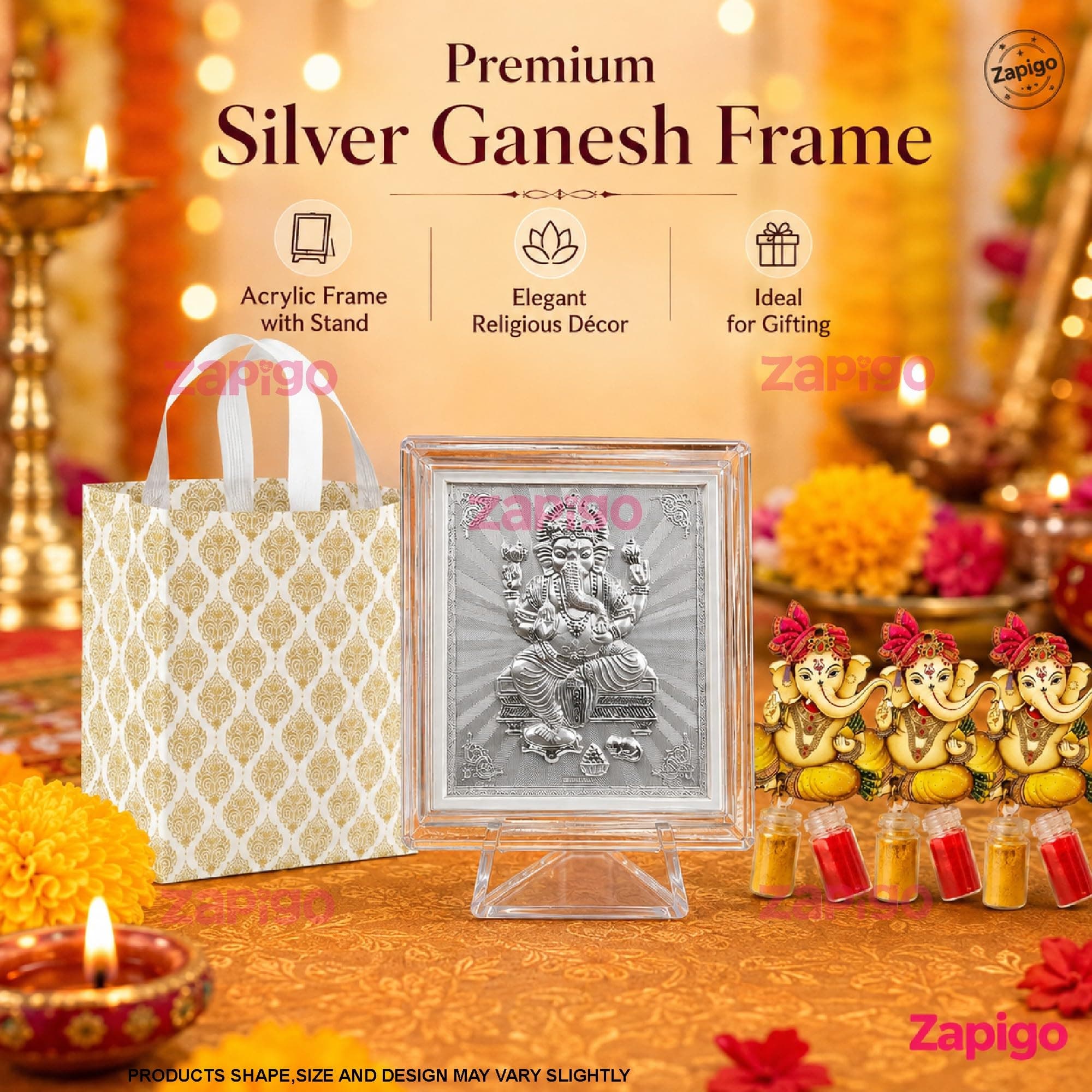 Habba Ganesha Frame Pooja Return Gift Combo with Ganesha Kumkum and Carry Bag, Traditional Haldi Kumkum Tambulam Hamper for Ganesh Chaturthi, Weddings, Gruhapravesam, Pack of 5 thumbnail 2