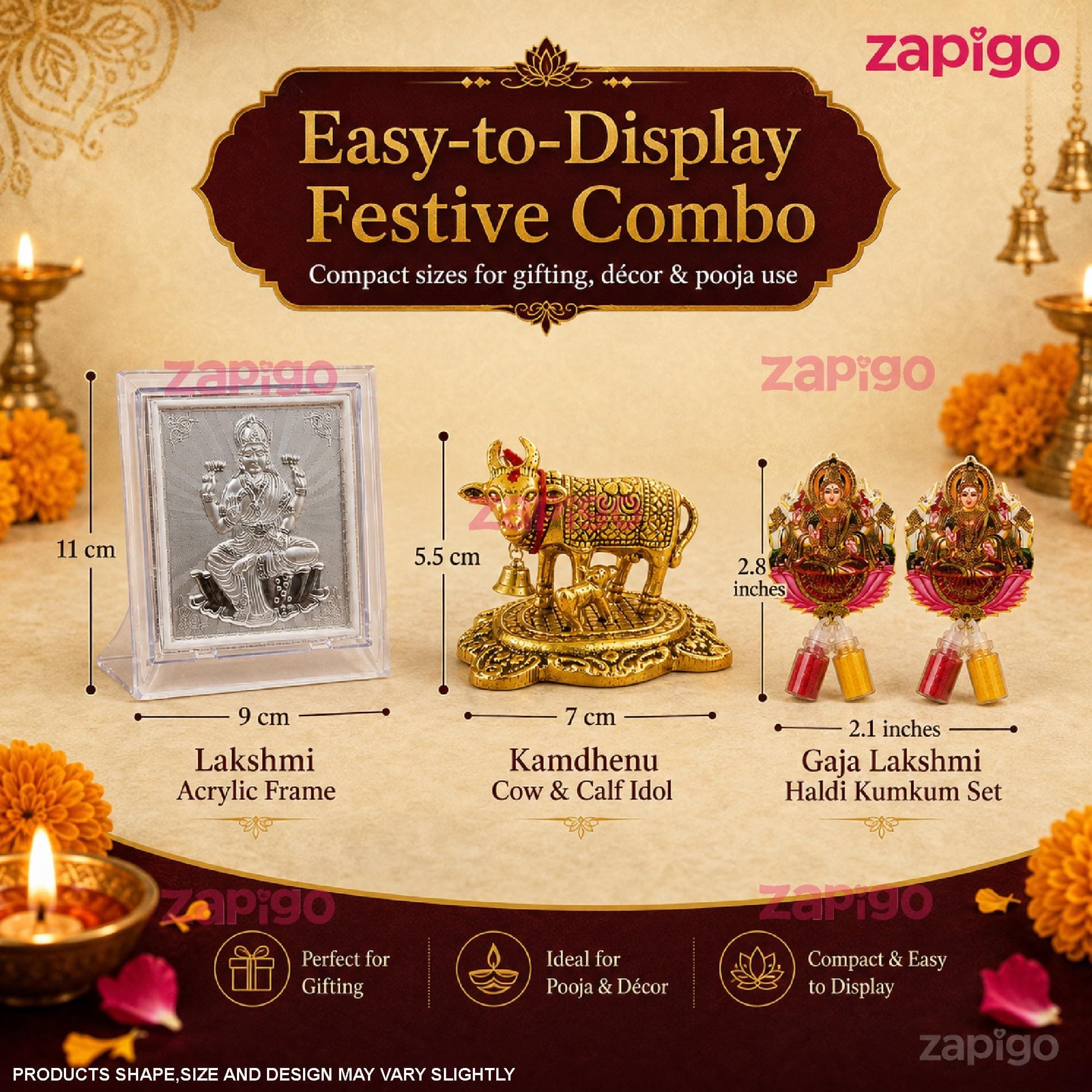 Habba Lakshmi Frame with Silver-Finish Stand, Lakshmi Kumkum Set & Gold Cow Statue, Traditional Haldi Kumkum Tambulam Hamper for Varalakshmi Vratham, Deepavali & Weddings, Pack of 5 thumbnail 4