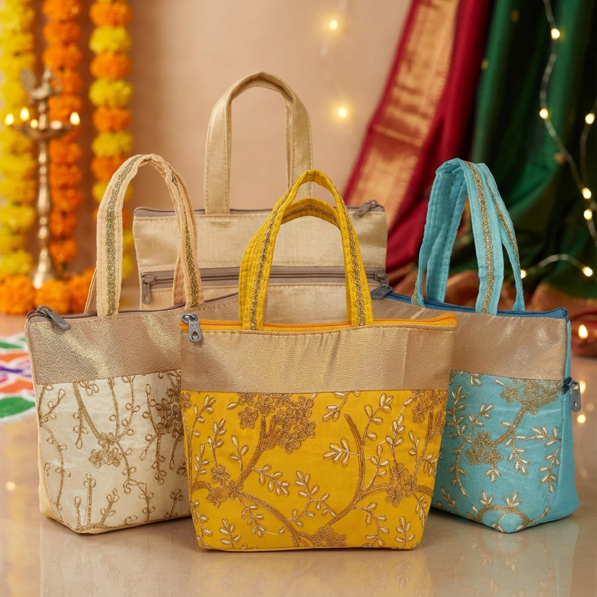 Habba Embroidery Design Hand Bag for Women, Padded Handles, Zip Closure, Compact Ethnic Festive Wedding, Mehendi, Haldi Kumkum, Tamboolam, Shagun, Return Gift Bag for Guests, Pack of 5
