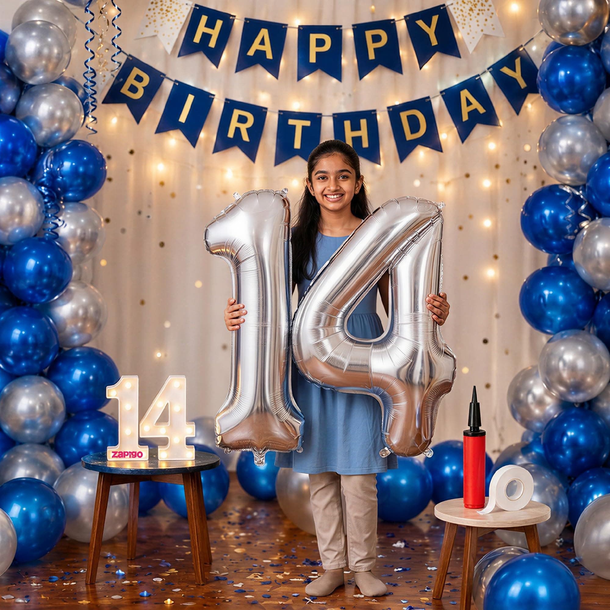 Balloonistics 14th Birthday Decoration Combo Kit - 40 Inch Silver Foil Number Balloon, LED Marquee Light, 50 Silver & Blue Balloons, Happy Birthday Banner, Balloon Pump & Glue Dots
