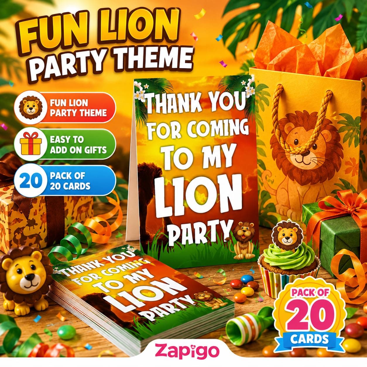 Balloonistics Lion Theme Thank You Cards - Pack of 20 Roaring Jungle Safari Appreciation Notes - Premium Cardstock "King of the Jungle" Stationery, Wild One Zoo Birthday Party Favors for Kids (Thank you Cards - Pack of 20) thumbnail 7