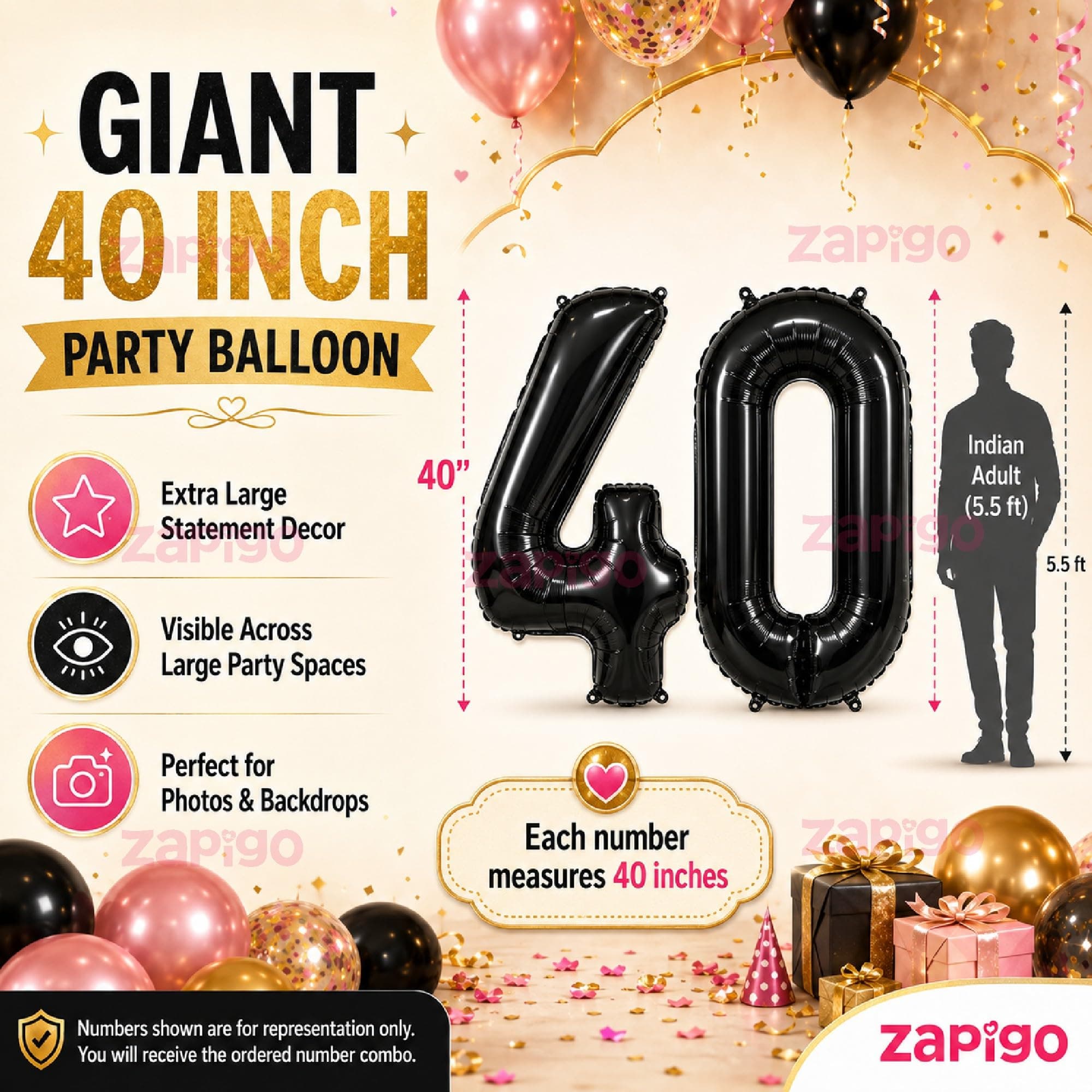 Balloonistics Black 40-Inch Foil Number 40 Balloon - Helium or Air Fill for 40th Birthday, Anniversary Party Decoration, Photo Booth Backdrop, Cake Table Decor thumbnail 5