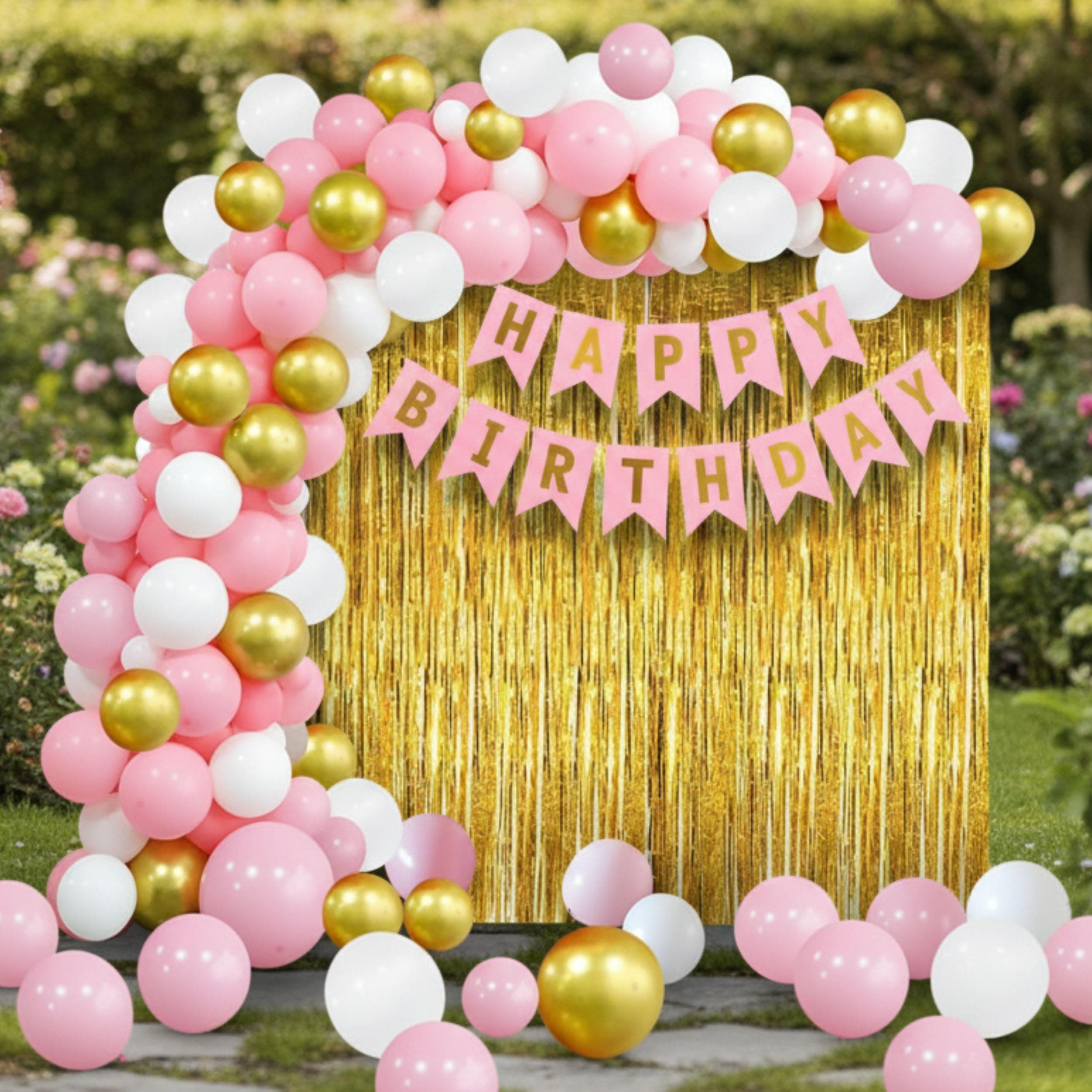 Balloonistics 93 Pcs Pink & Gold Birthday Decoration Kit for Girls & Women – Includes Happy Birthday Banner, 2 Gold Fringe Curtains, Pink Metallic Balloons & Arch Tools thumbnail 7