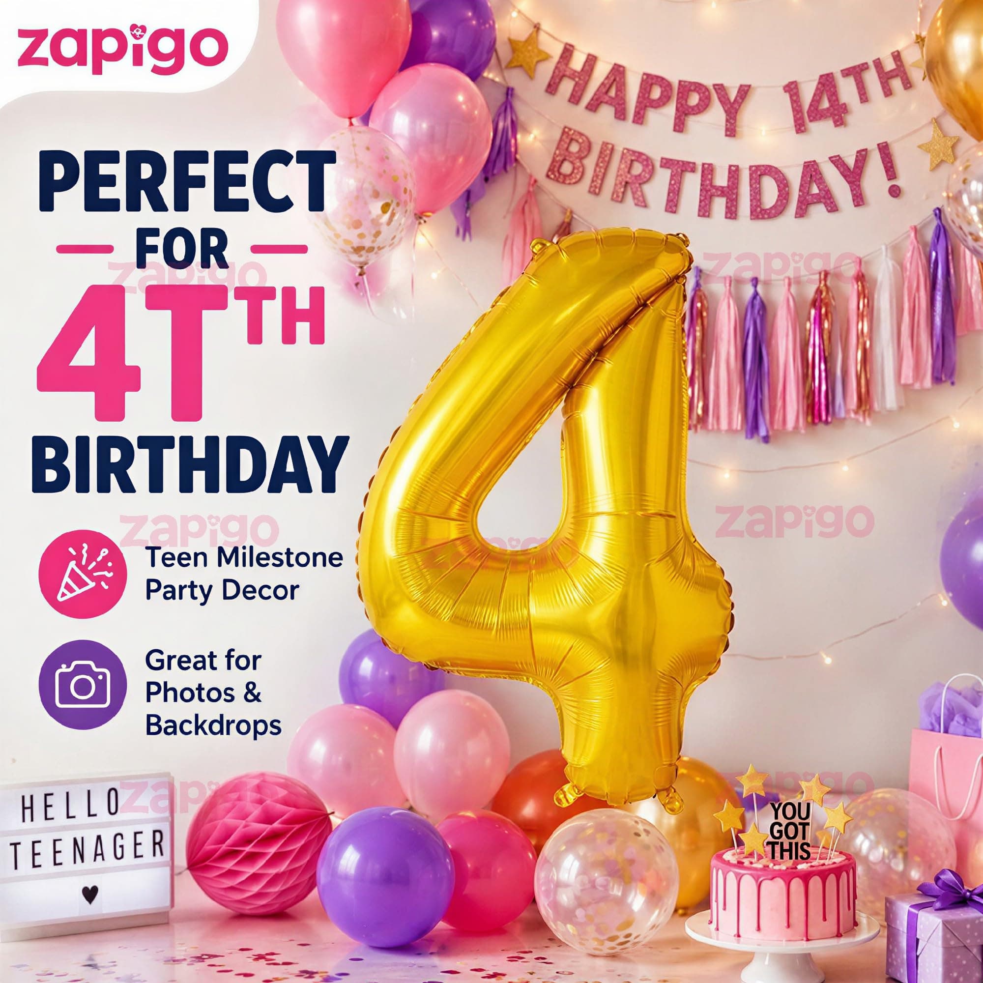 Balloonistics Gold Foil Number 4 Balloon – 16 Inch Golden Foil Number for Custom Age, Year & Phrase Party Decoration (Number 4) thumbnail 3