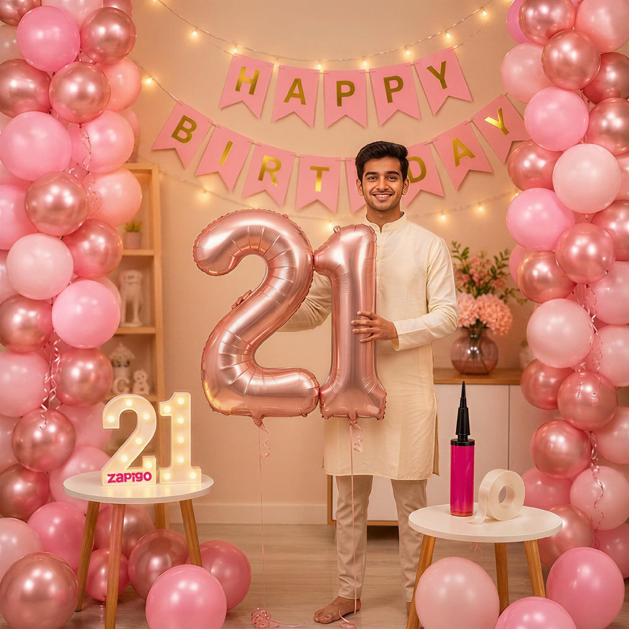 Balloonistics 21st Birthday Decoration Combo Kit - 40 Inch Rose Gold Foil Number Balloon, LED Marquee Light, 50 Rose Gold & Pink Balloons, Happy Birthday Banner, Balloon Pump & Glue Dots thumbnail 1