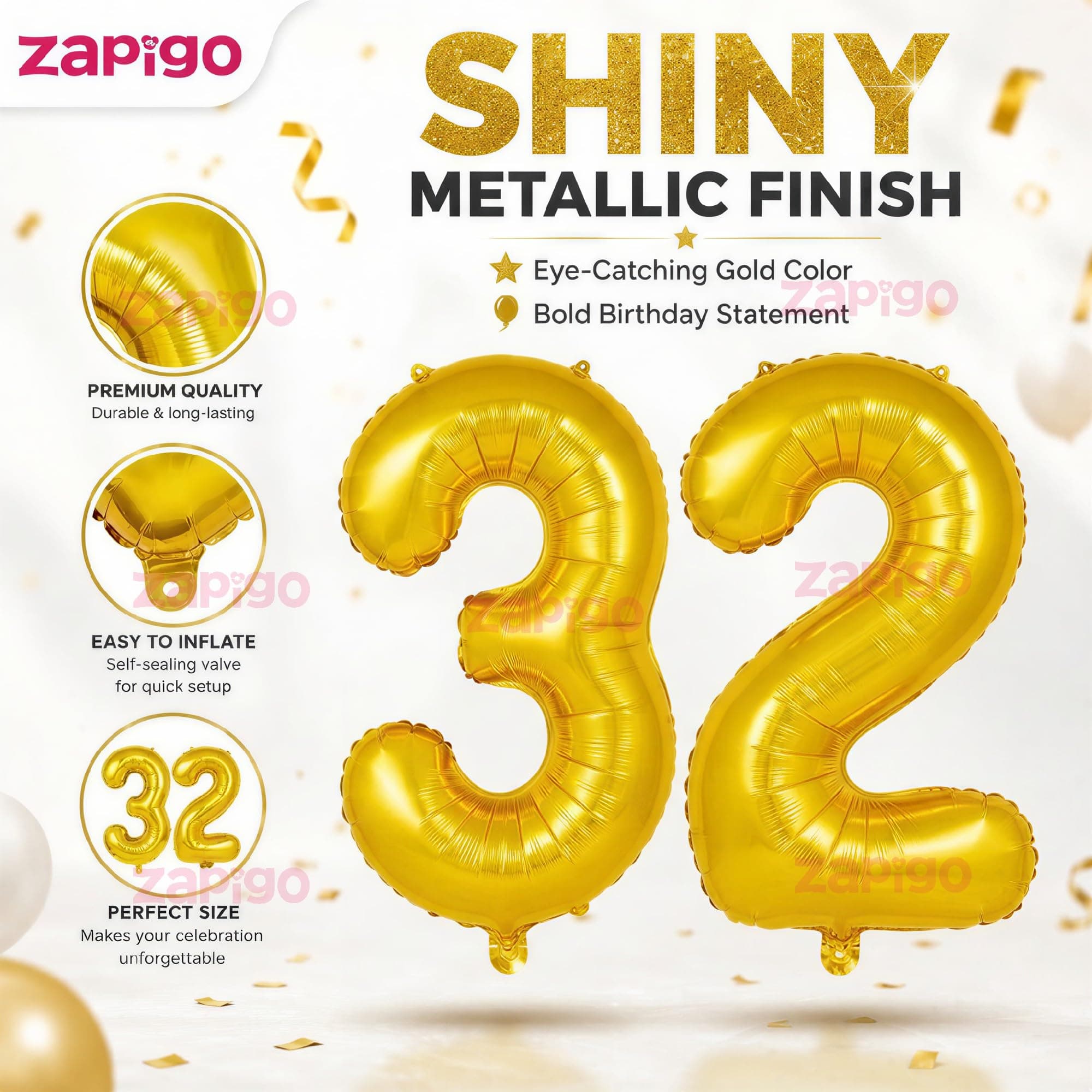 Balloonistics Gold Number 32 Foil Balloon – Large Metallic Gold Number Thirty Two Balloon for 32nd Birthday, Anniversary & Party Decorations (Gold, Number 32) thumbnail 6