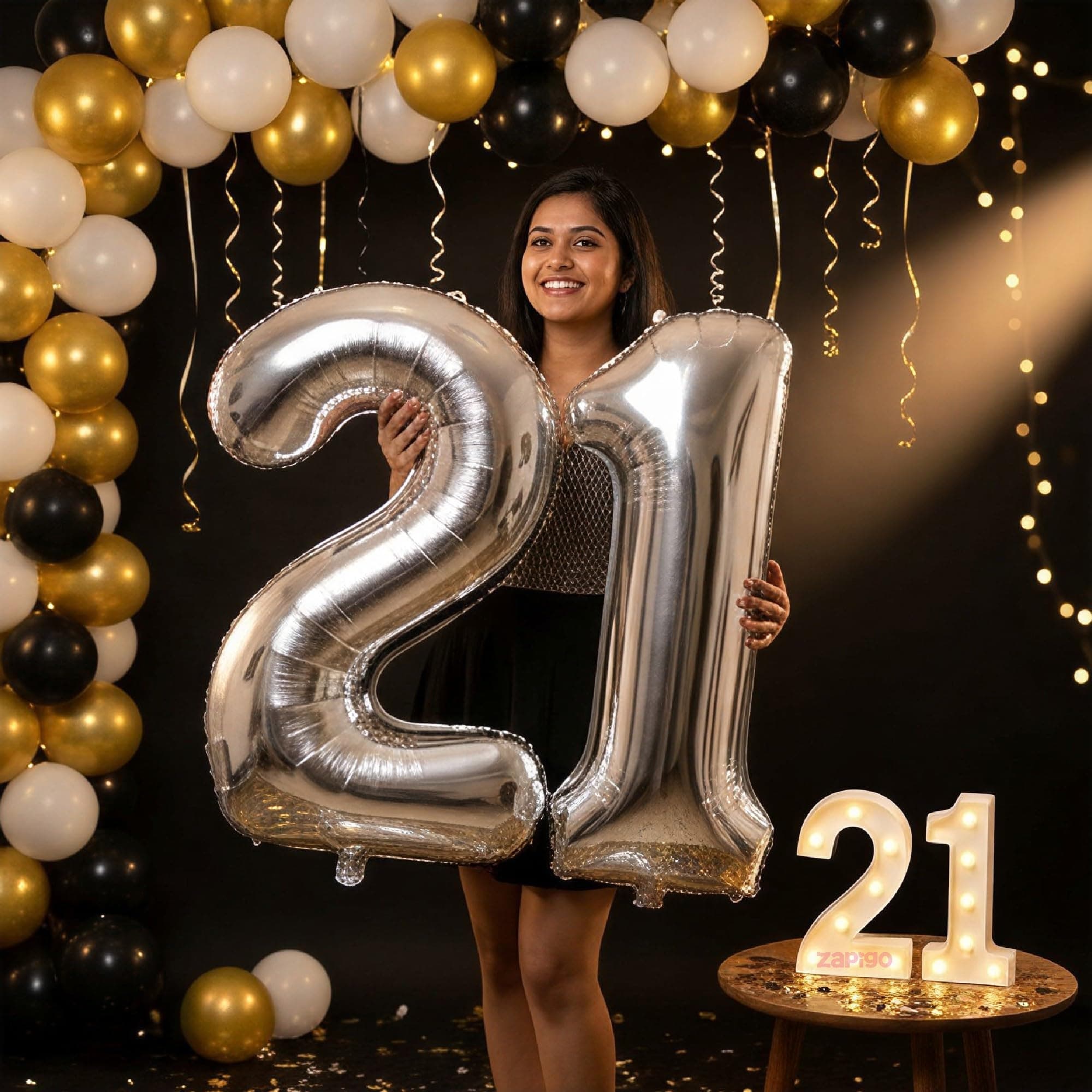Balloonistics Silver 40-Inch Foil Number 21 Balloon with Matching LED Marquee Light - Combo Set for 21st Birthday, Anniversary, Party Decoration, Photo Booth Backdrop thumbnail 1