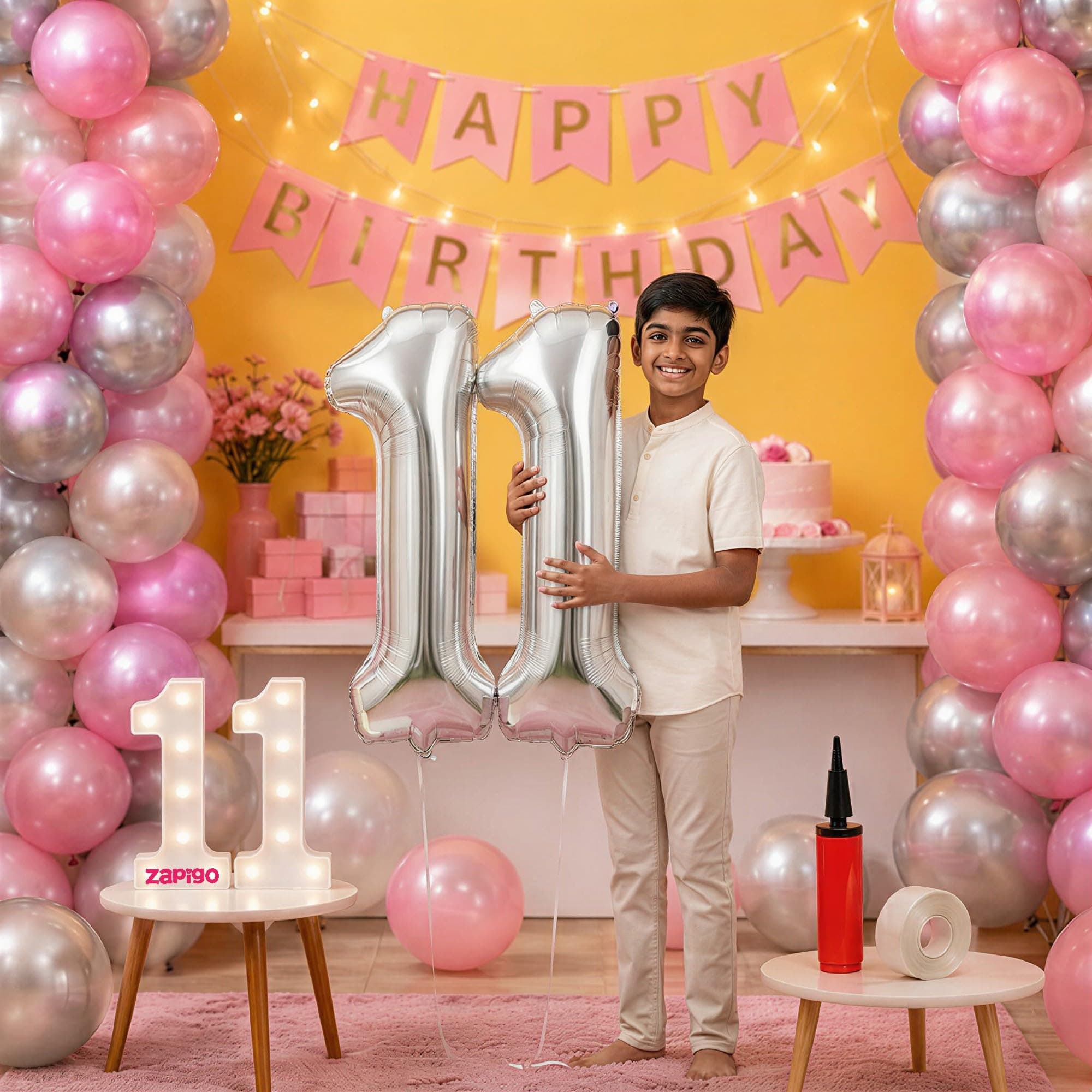 Balloonistics 11th Birthday Decoration Combo Kit - 40 Inch Silver Foil Number Balloon, LED Marquee Light, 50 Silver & Pink Balloons, Happy Birthday Banner, Balloon Pump & Glue Dots thumbnail 1