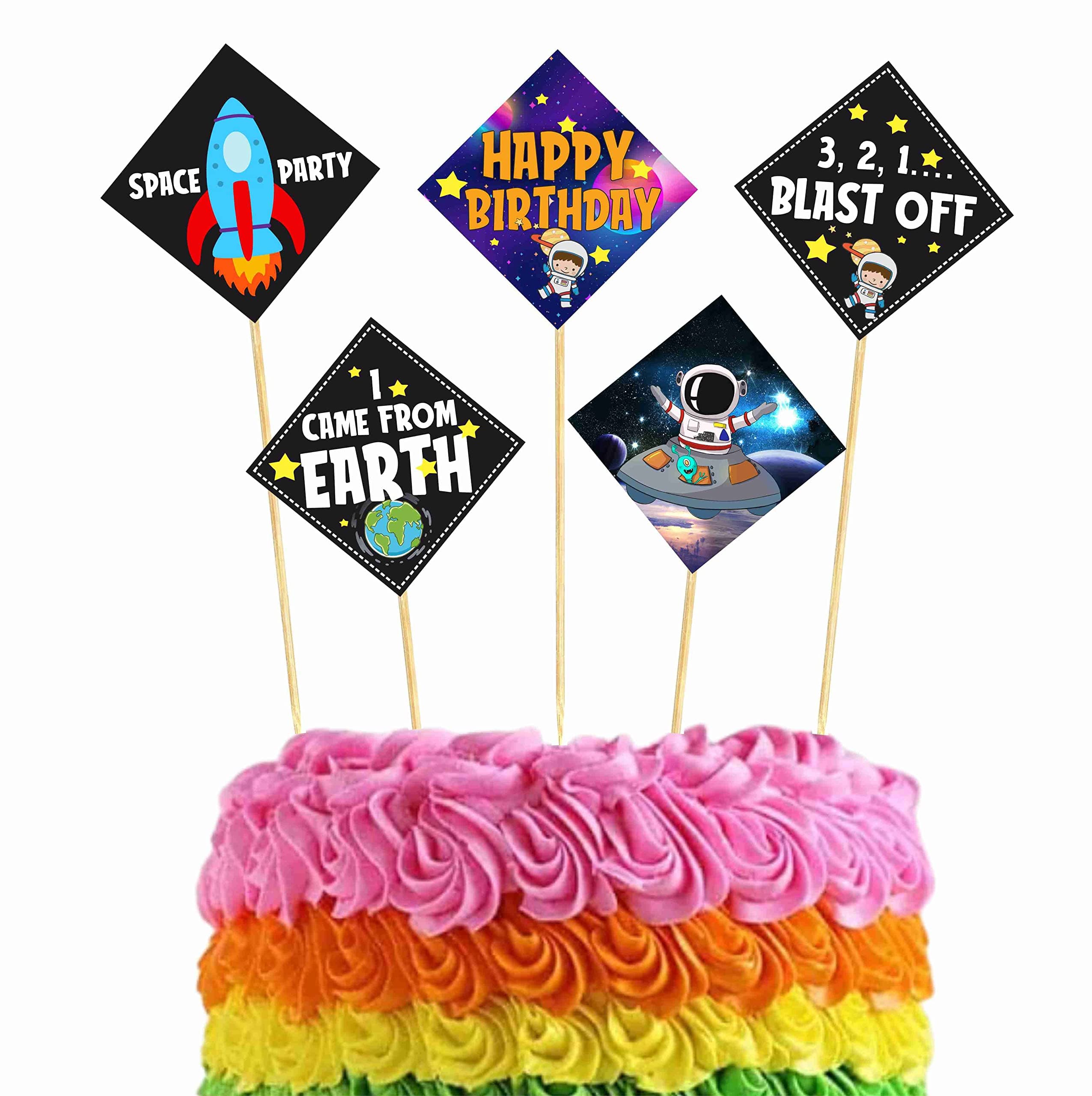 Balloonistics Space Theme Cake Topper Premium Cardstock Double-Sided Cake Decorations with Bamboo Sticks Party Supplies for Kids (Cake Topper - Pack of 10)