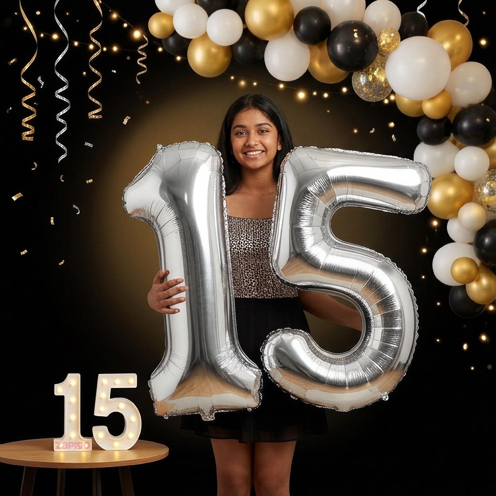 Balloonistics Silver 40-Inch Foil Number 15 Balloon with Matching LED Marquee Light - Combo Set for 15th Birthday, Anniversary, Party Decoration, Photo Booth Backdrop thumbnail 1
