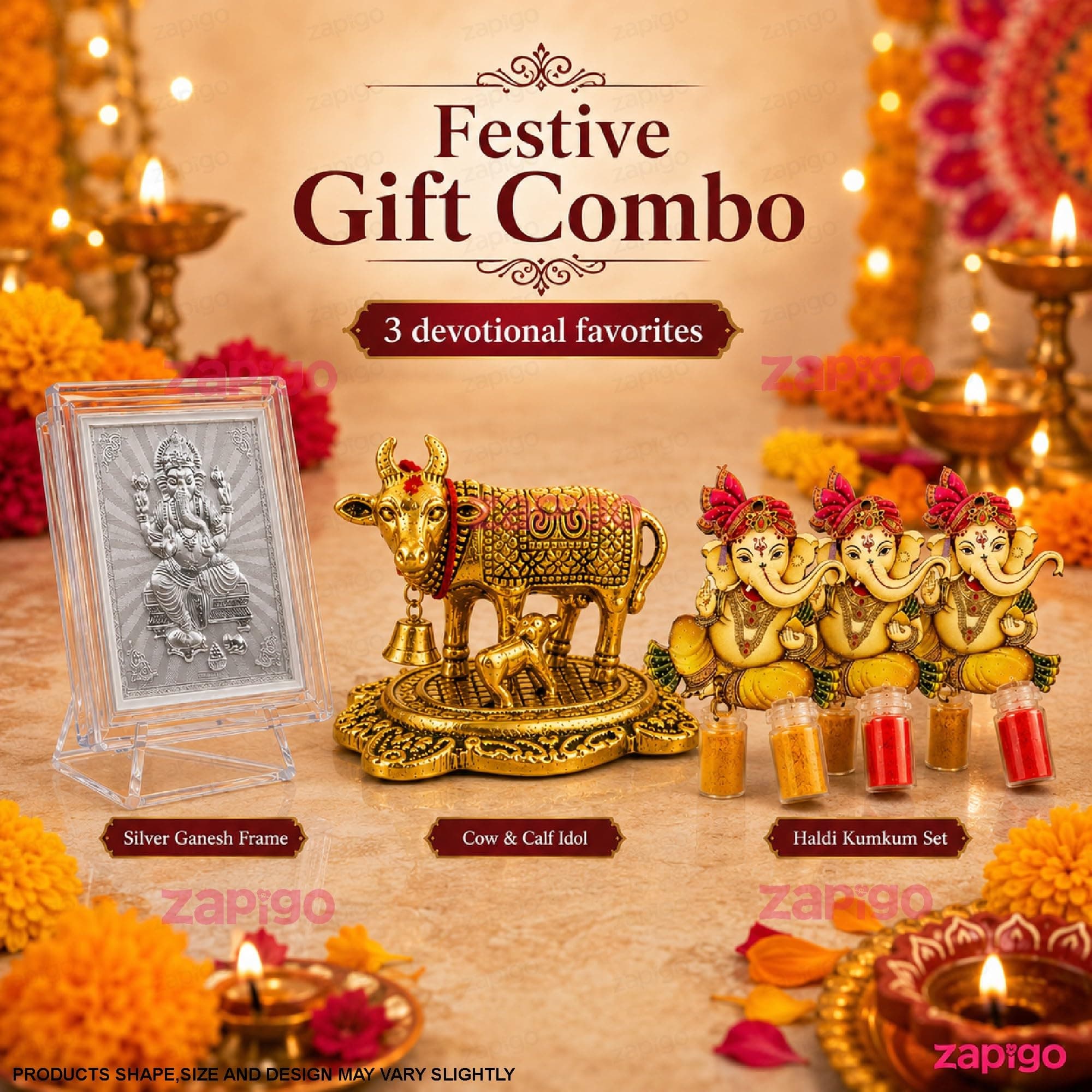 Habba Ganesha Frame with Kumkum Set and Cow Statue, Traditional Haldi Kumkum Tambulam Hamper for Ganesh Chaturthi, Varalakshmi Vratham, Weddings, Baby Showers, Griha Pravesh, Festivals, Pack of 5 thumbnail 2