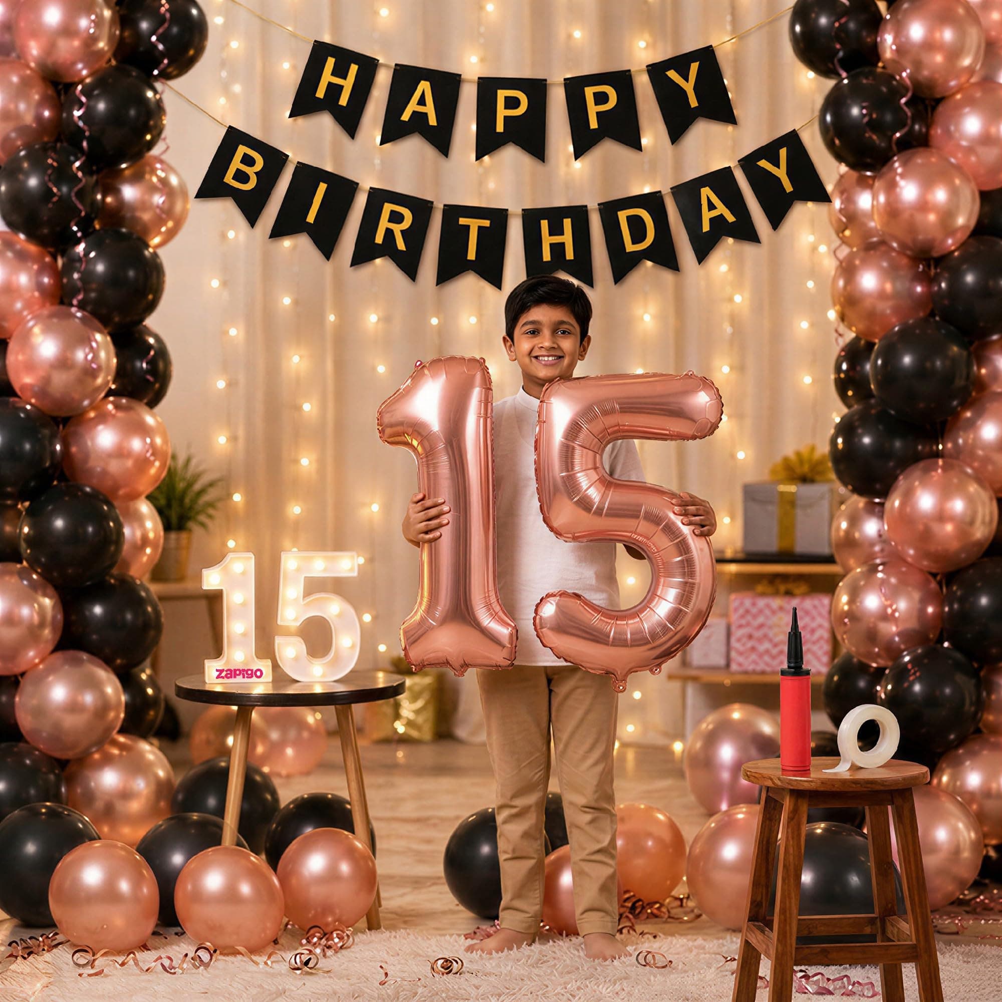 Balloonistics 15th Birthday Decoration Combo Kit - 40 Inch Rose Gold Foil Number Balloon, LED Marquee Light, 50 Rose Gold & Black Balloons, Happy Birthday Banner, Balloon Pump & Glue Dots
