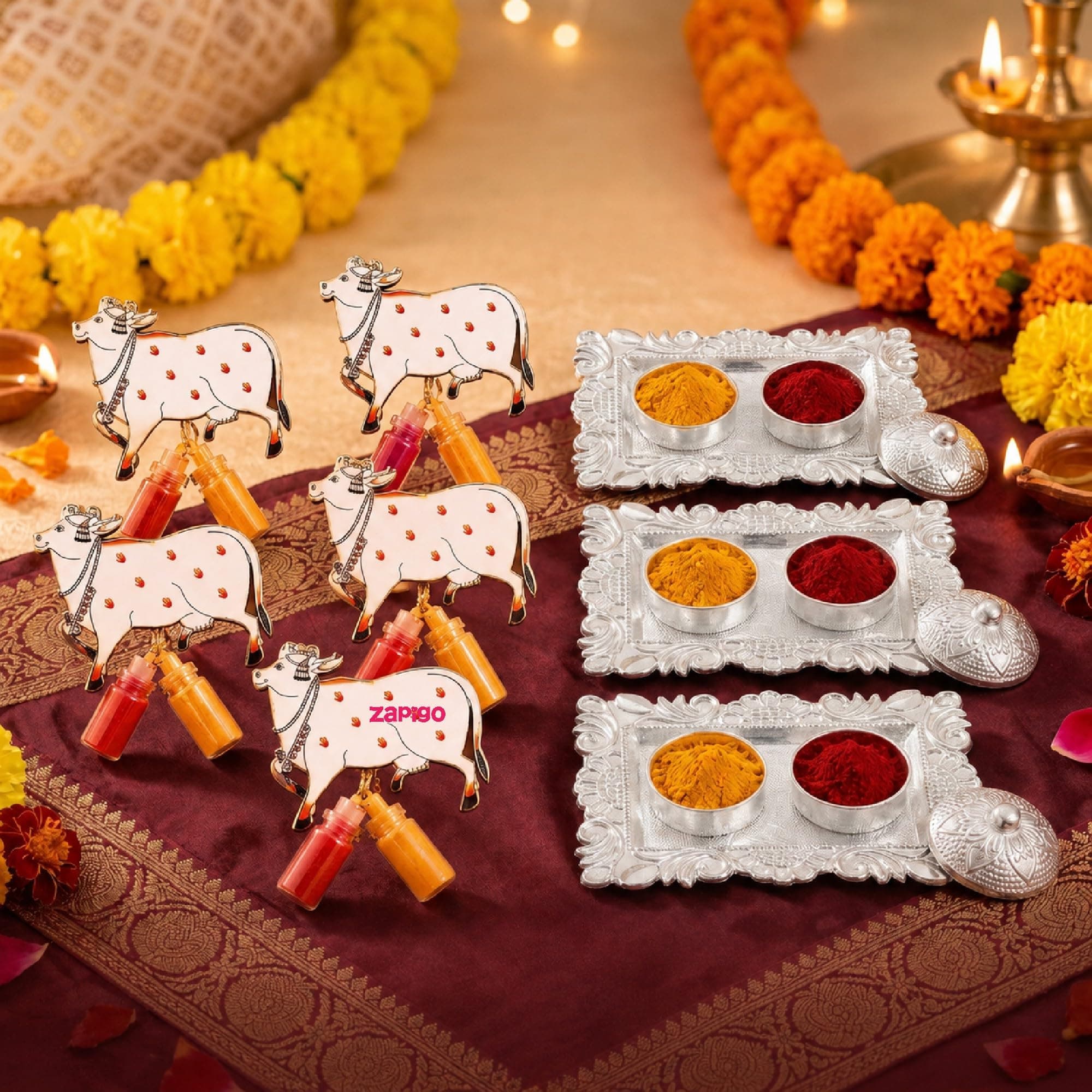 Habba Cow Design Haldi Kumkum Set with Silver Kumkum Holder, Traditional Pasupu Kumkum Gift Set for Pooja, Diwali, Navratri, Wedding, Housewarming & Tambulam Return Gifts for Women - Pack of 10 thumbnail 1