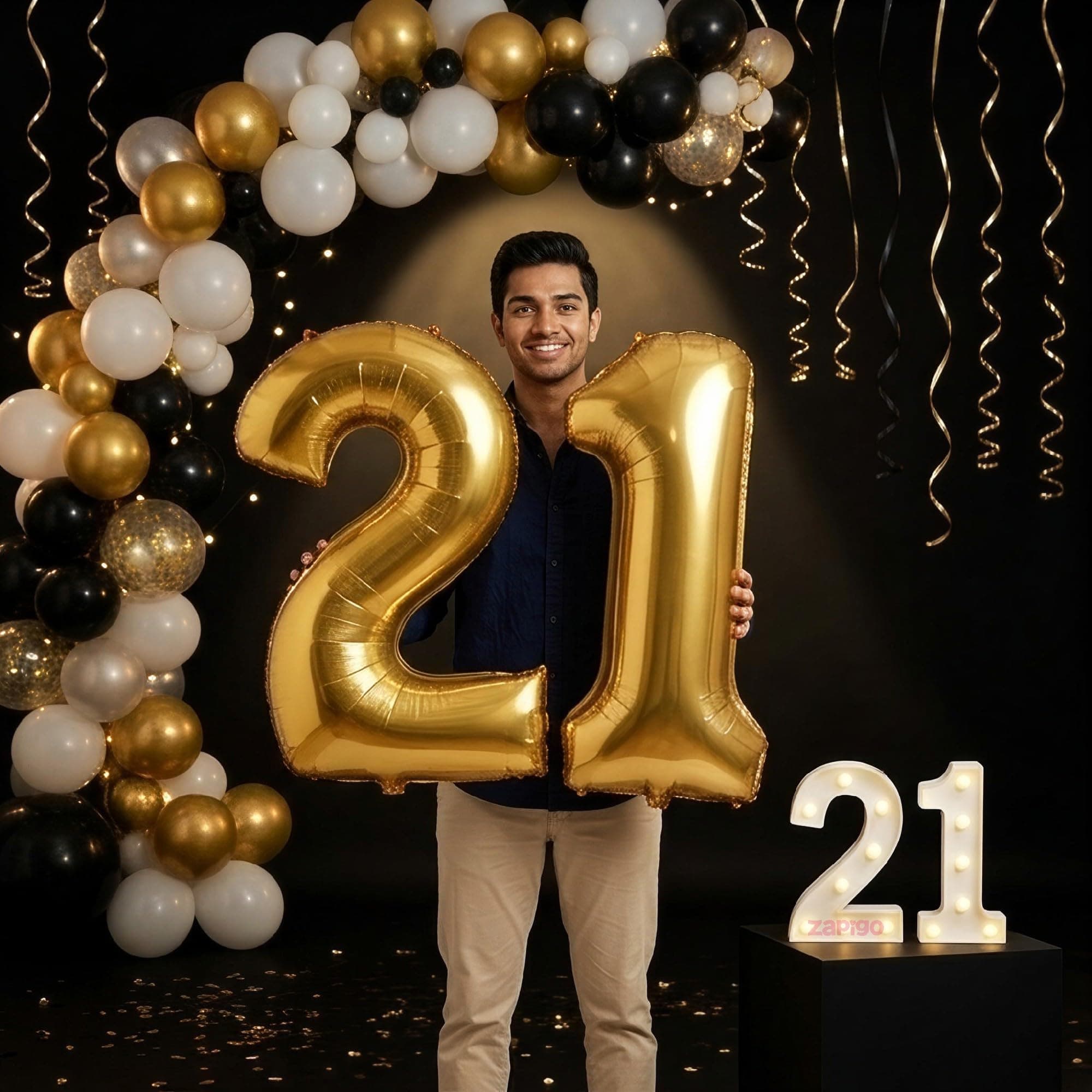 Balloonistics Gold 40-Inch Foil Number 21 Balloon with Matching LED Marquee Light - Combo Set for 21st Birthday Decoration, Anniversary, Party Backdrop, Cake Table Decor thumbnail 1