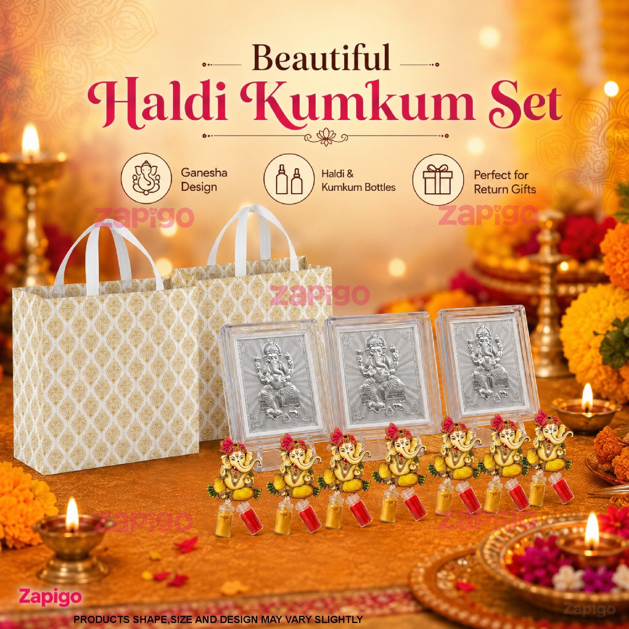 Habba Ganesha Frame Pooja Return Gift Combo with Ganesha Kumkum and Carry Bag, Traditional Haldi Kumkum Tambulam Hamper for Ganesh Chaturthi, Weddings, Gruhapravesam, Pack of 5 thumbnail 3