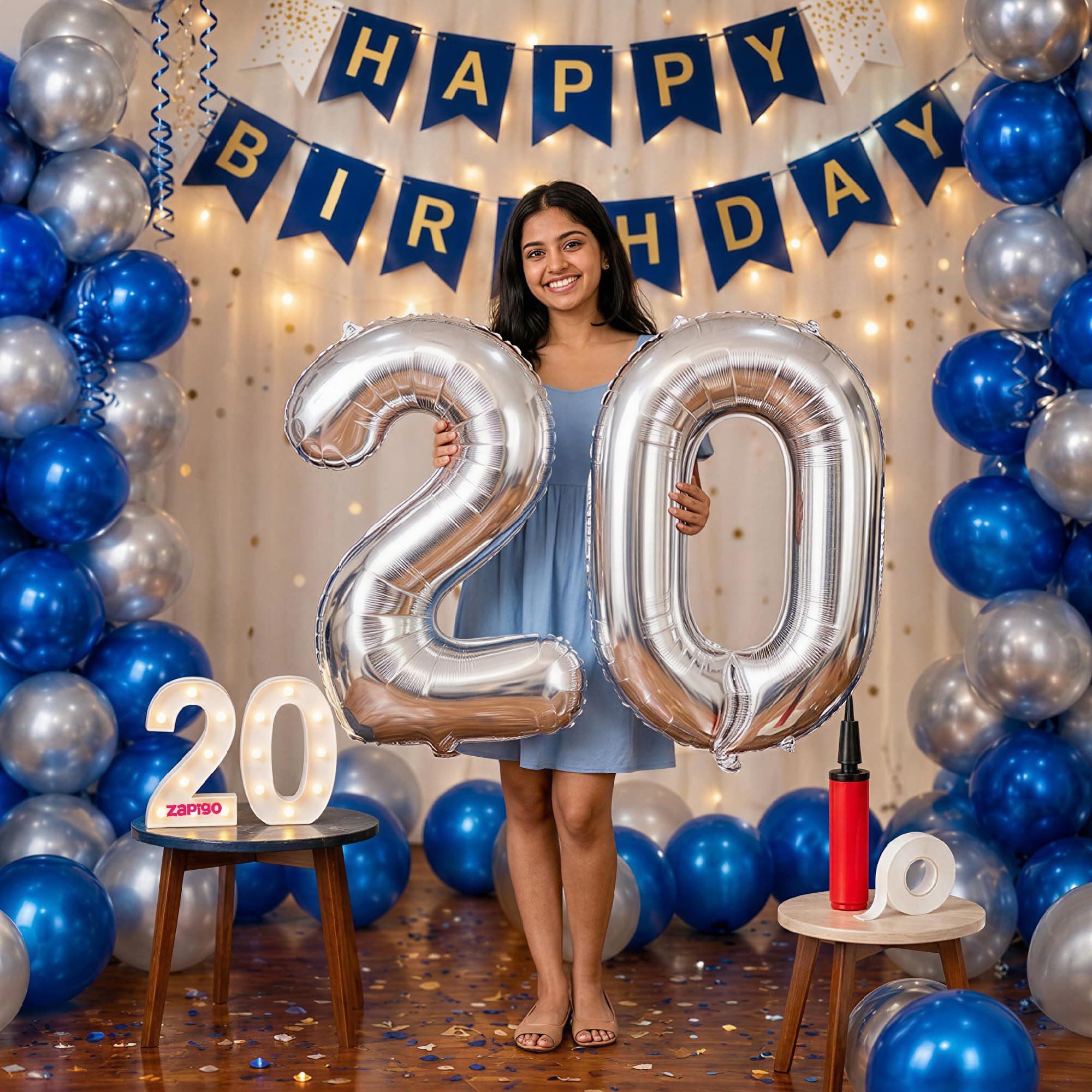 Balloonistics 20th Birthday Decoration Combo Kit - 40 Inch Silver Foil Number Balloon, LED Marquee Light, 50 Silver & Blue Balloons, Happy Birthday Banner, Balloon Pump & Glue Dots thumbnail 1
