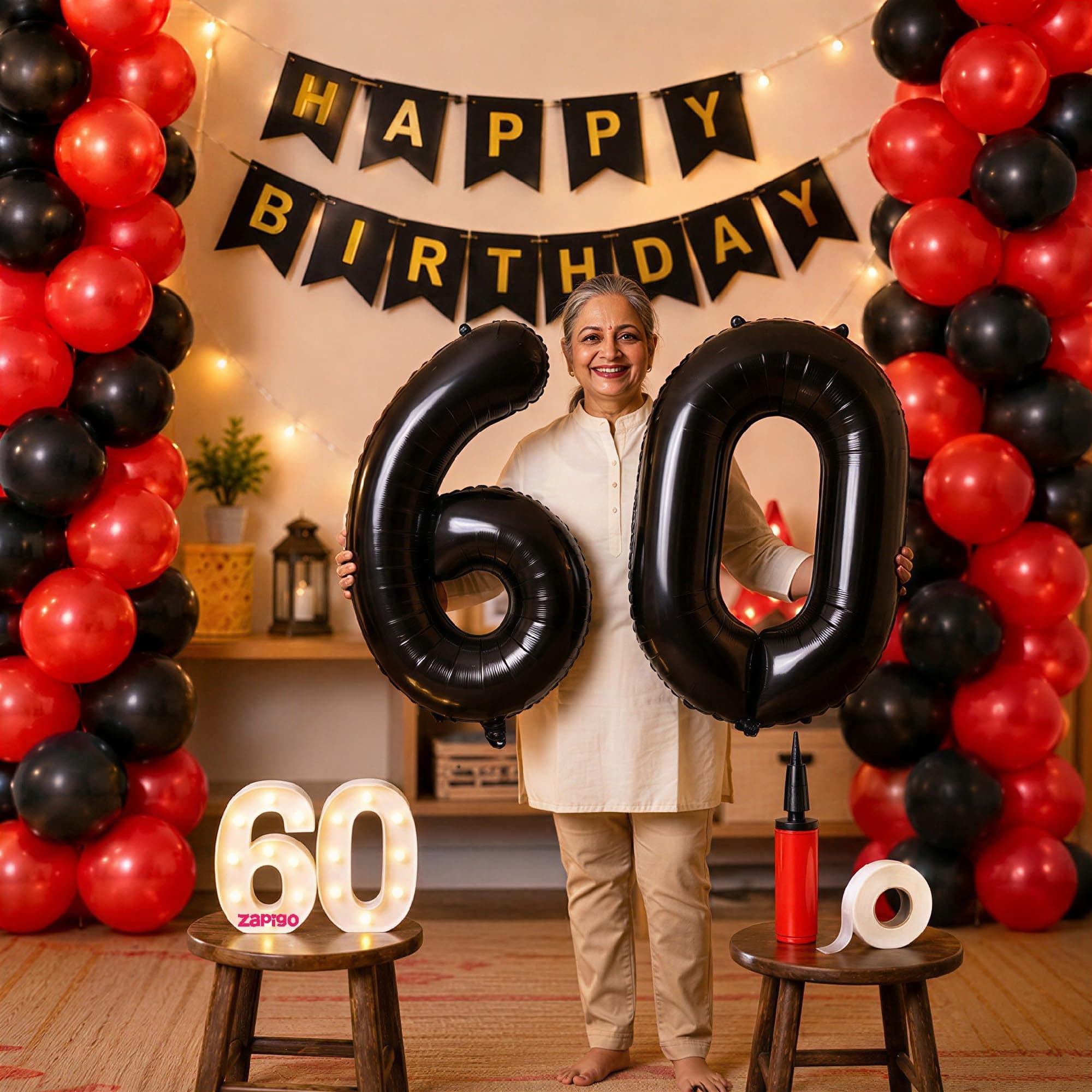 Balloonistics 60th Birthday Decoration Combo Kit - 40 Inch Black Foil Number Balloon, LED Marquee Light, 50 Black & Red Balloons, Happy Birthday Banner, Balloon Pump & Glue Dots thumbnail 1